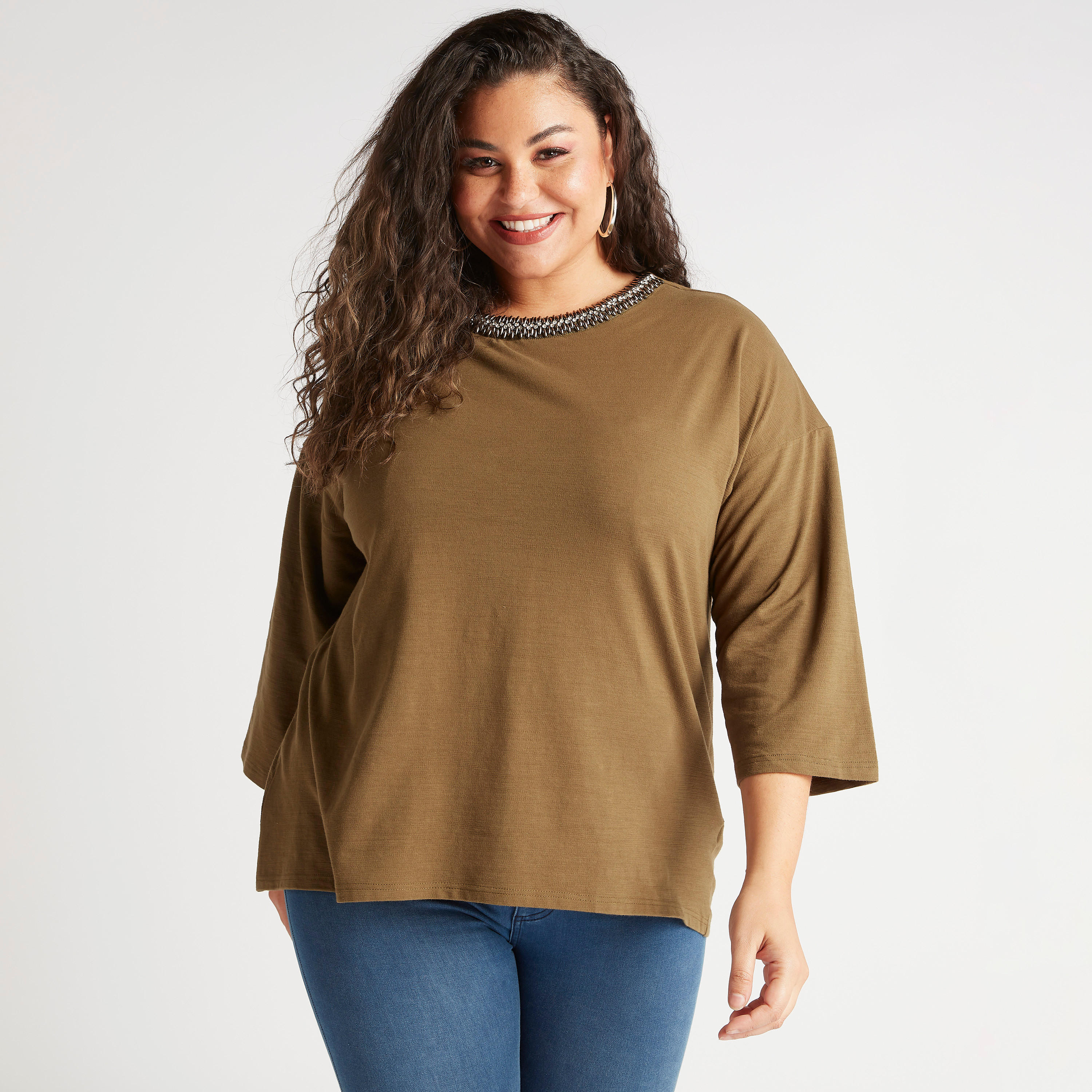 تيشيرت مزيّن بأكمام 3/4-women-clothing-tshirts-image-1