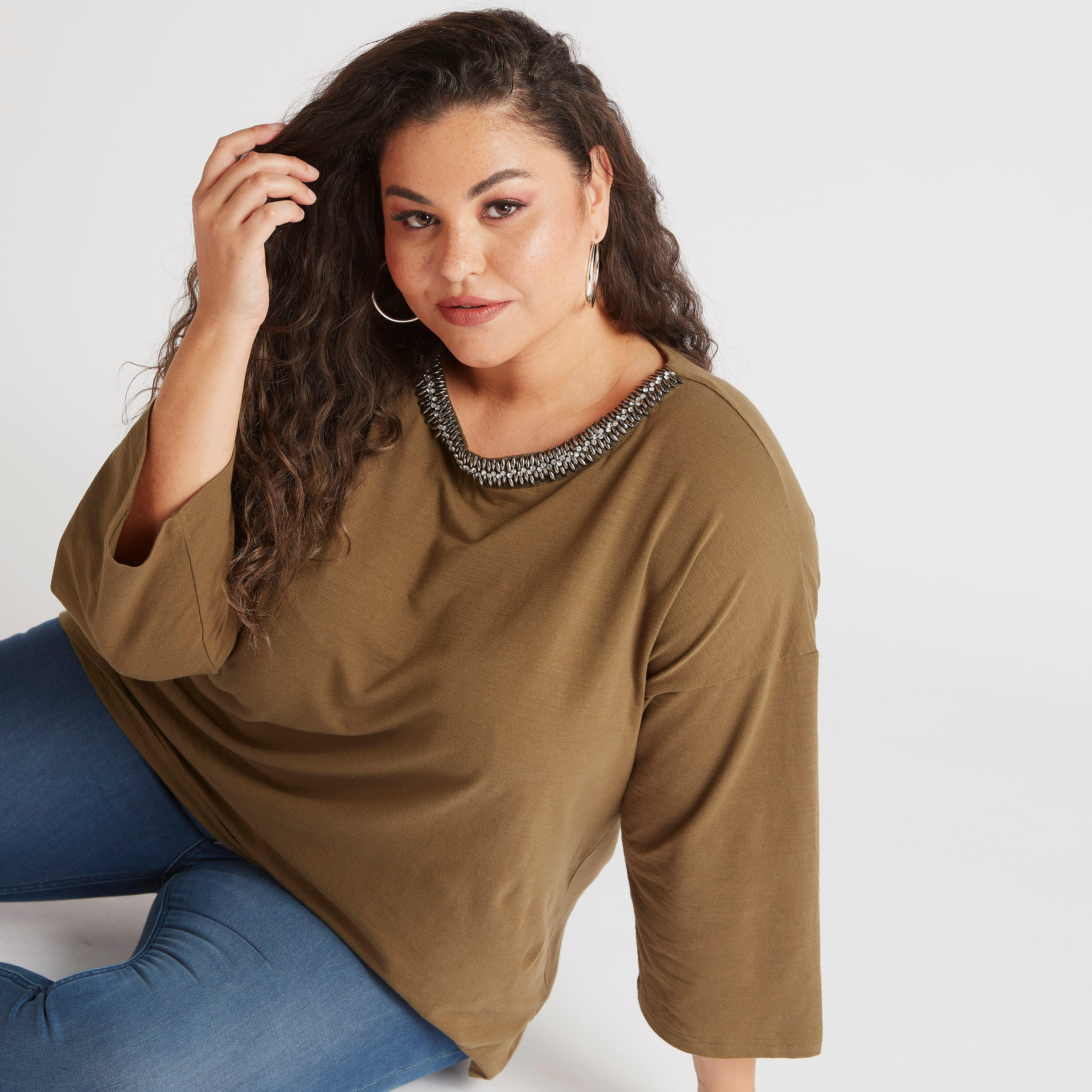 تيشيرت مزيّن بأكمام 3/4-women-clothing-tshirts-image-5