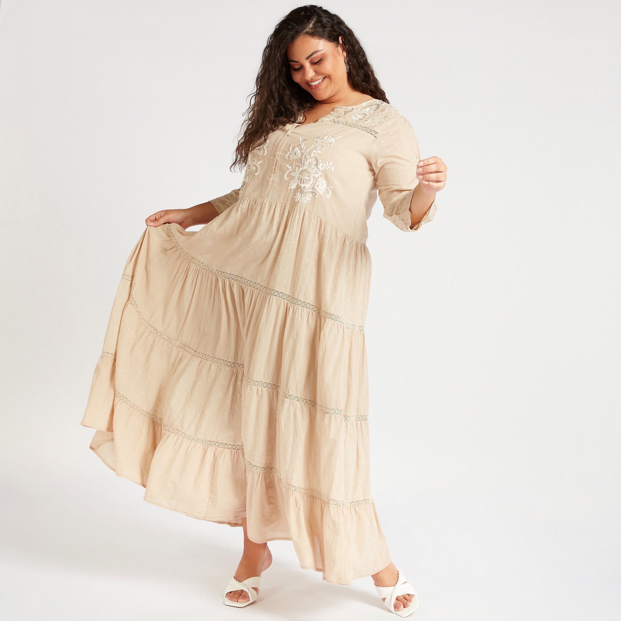 Embroidered Maxi A-line Tiered Dress with Split Neck-women-clothing-dresses-image-1
