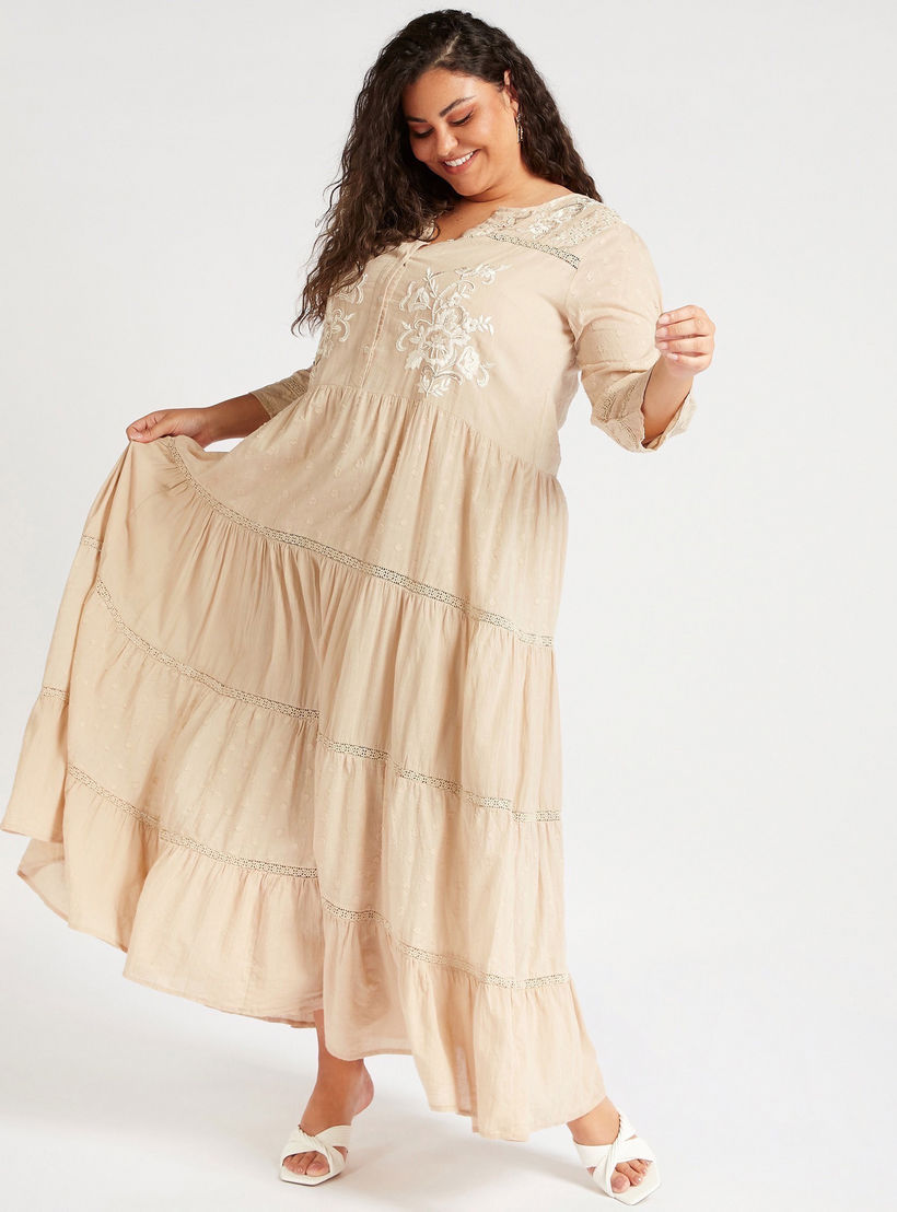 Embroidered Maxi A-line Tiered Dress with Split Neck-women-clothing-dresses-image-1