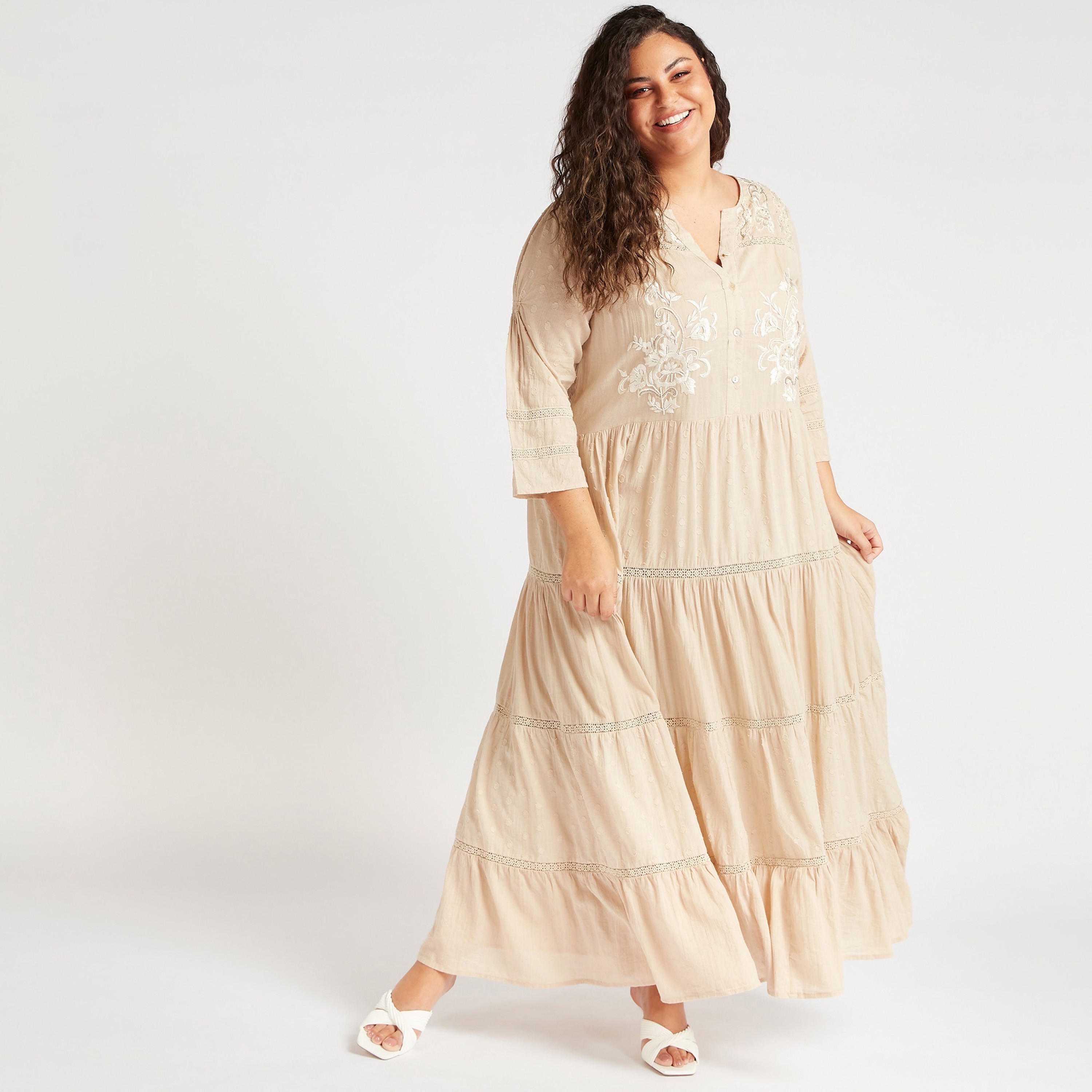 Embroidered Maxi A-line Tiered Dress with Split Neck-women-clothing-dresses-image-2