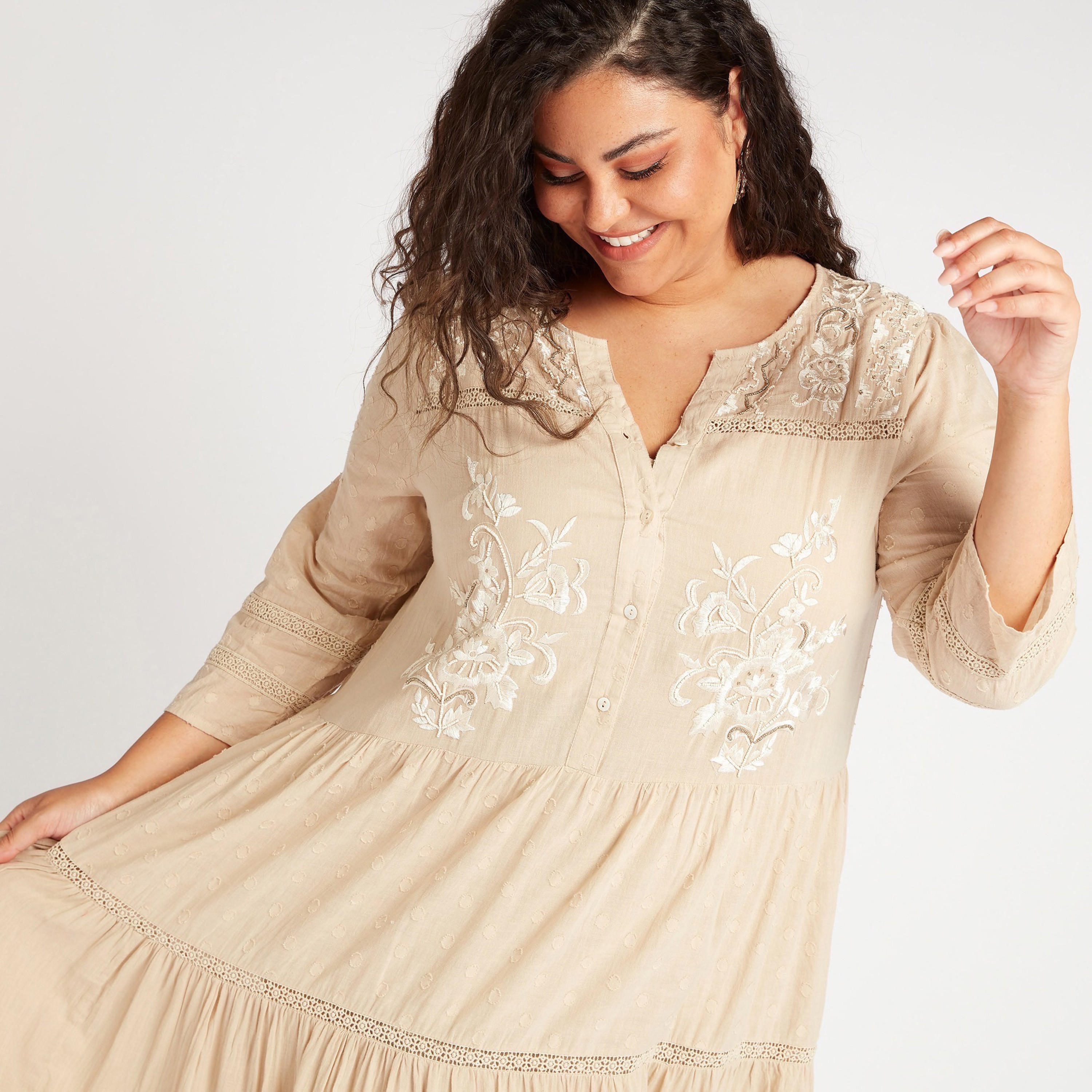 Embroidered Maxi A-line Tiered Dress with Split Neck-women-clothing-dresses-image-3
