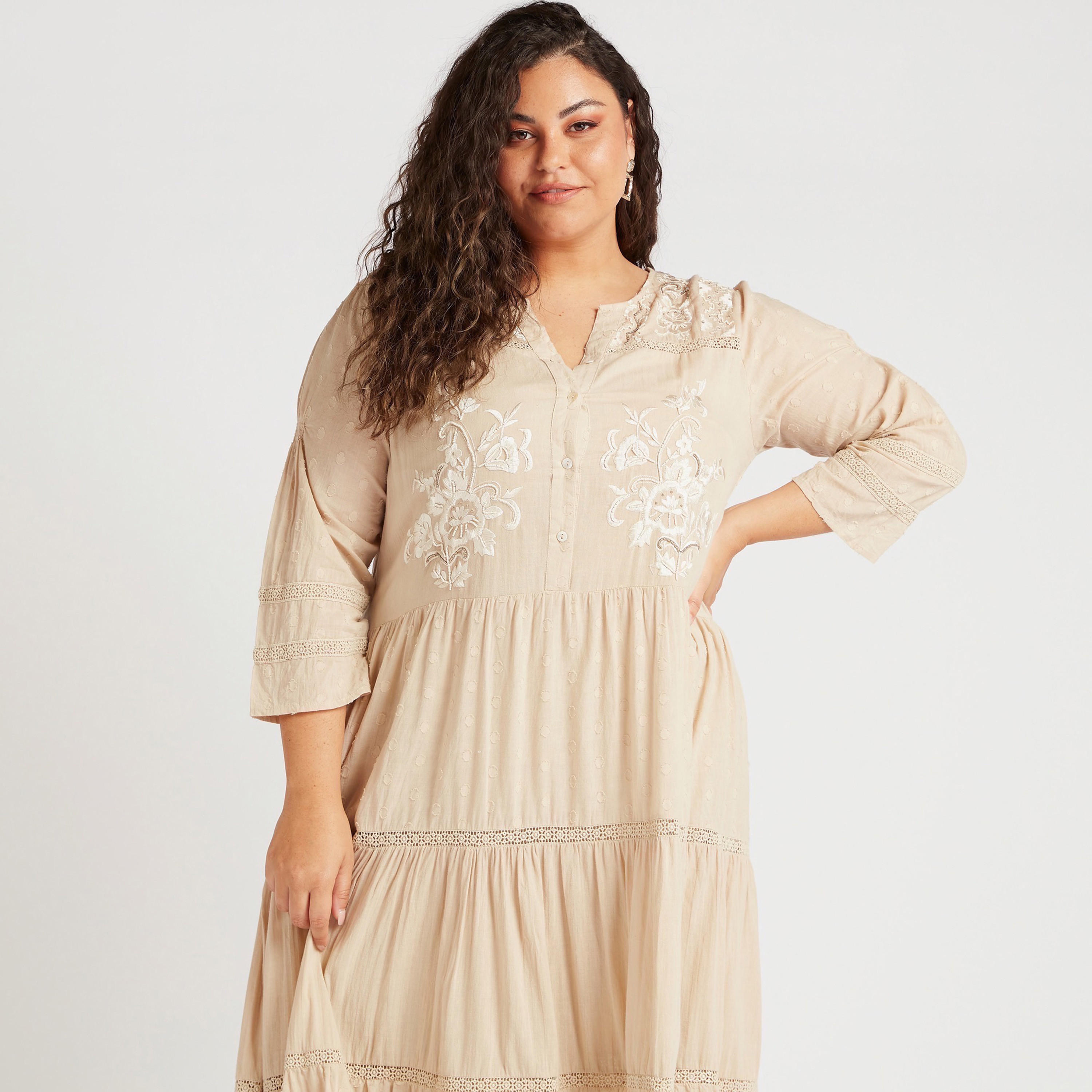 Embroidered Maxi A-line Tiered Dress with Split Neck-women-clothing-dresses-image-5