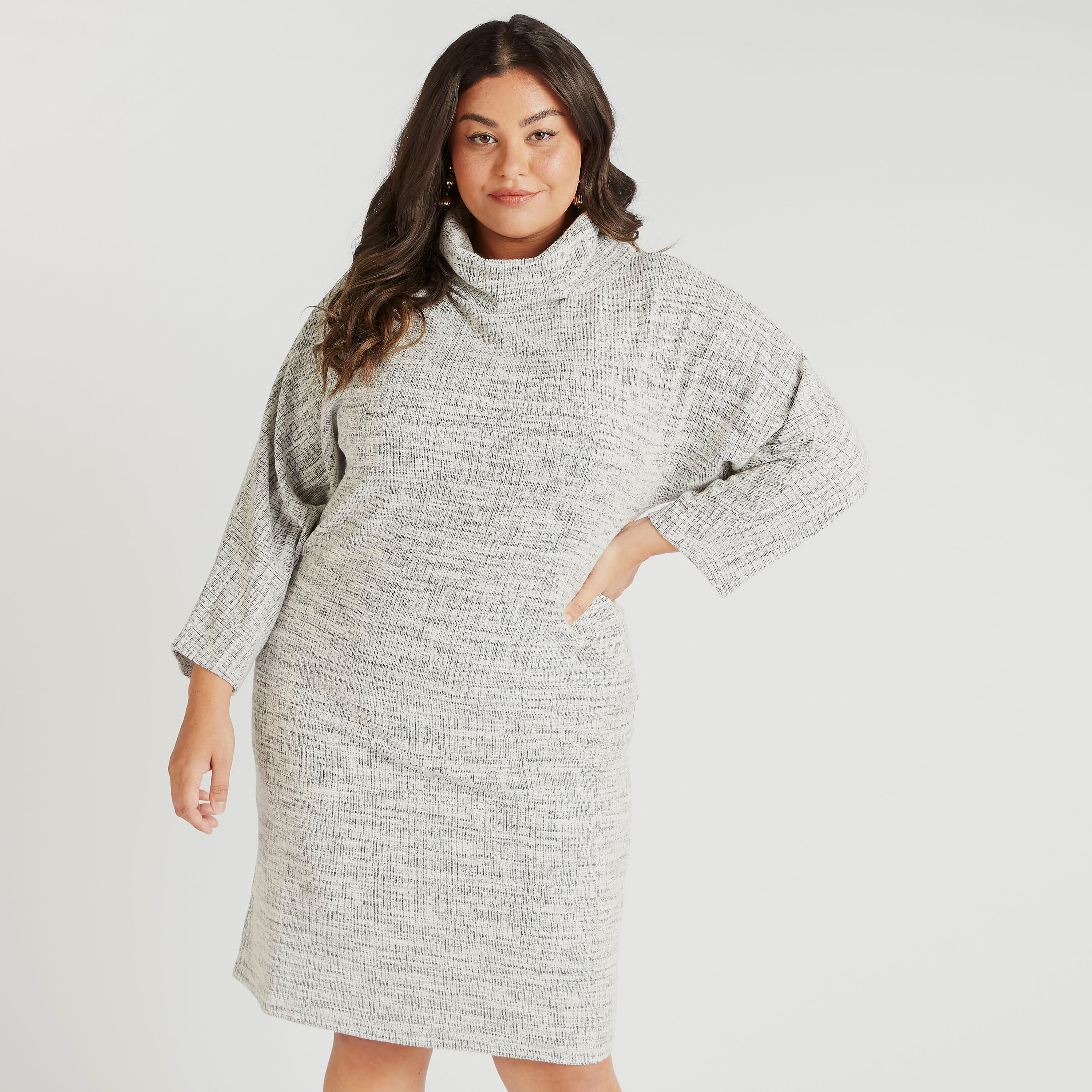 فستان ميدي بارز الملمس بياقة عالية وأكمام طويلة-women-clothing-dresses-image-1