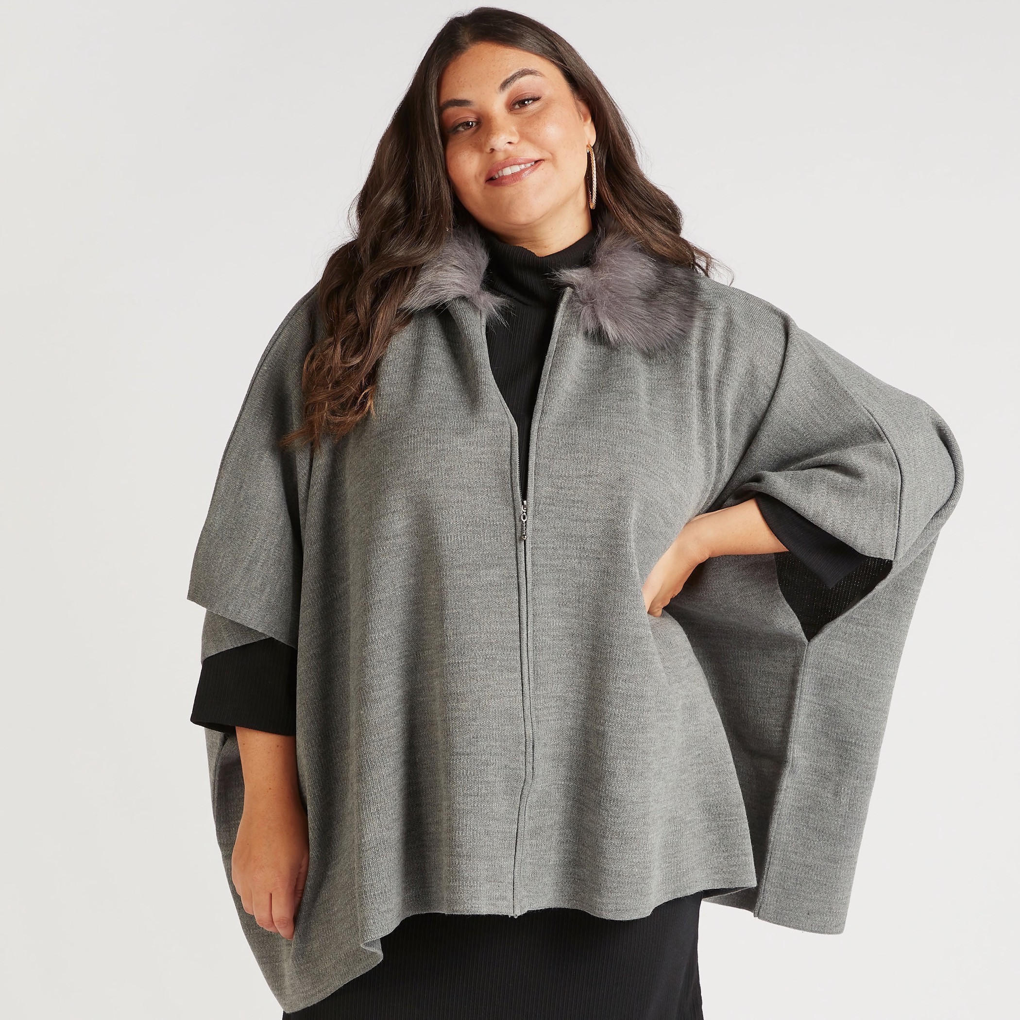كارديجان بونشو بياقة فرو وسحّاب إغلاق-women-winterwear-cardigansandjumpers-cardigans-image-1