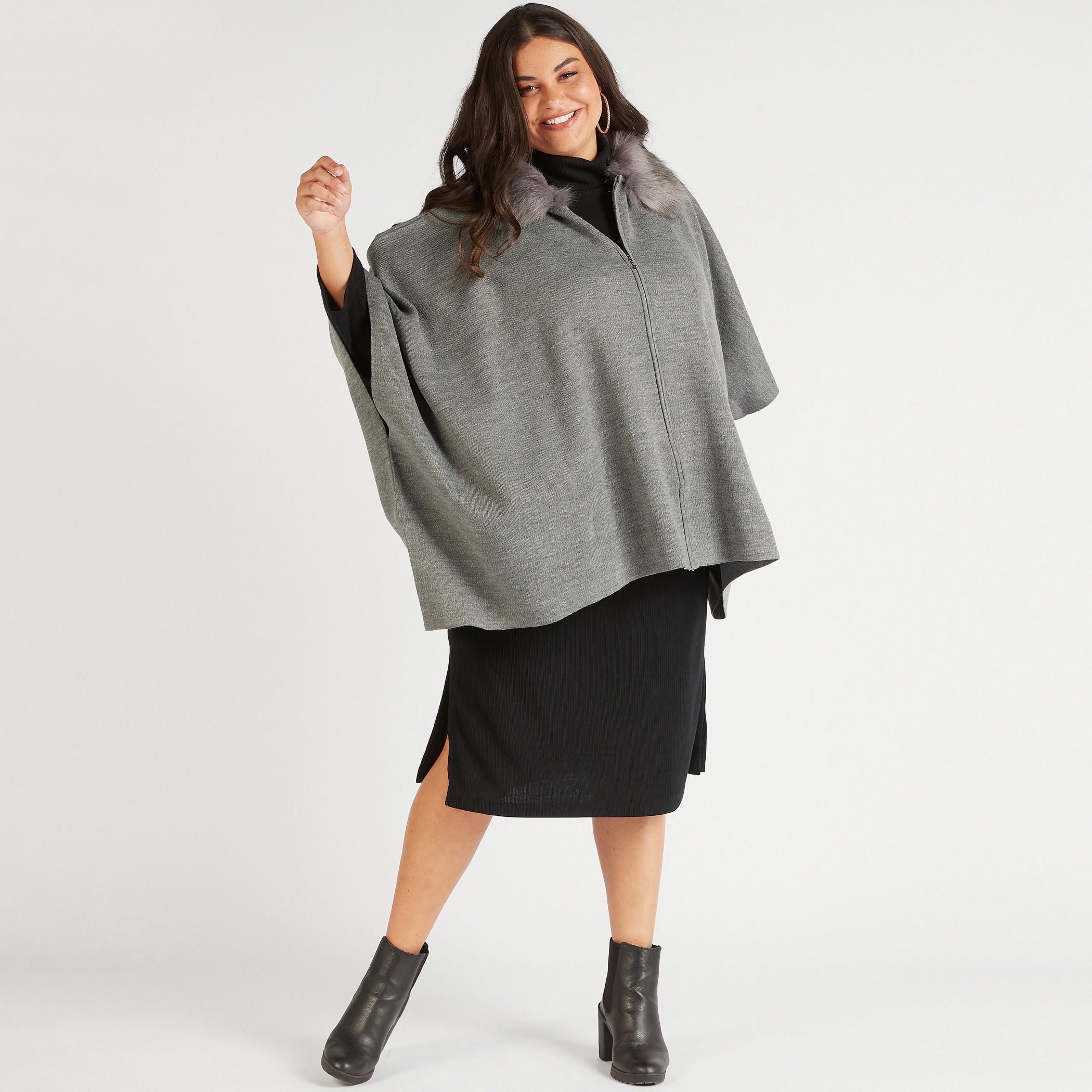 كارديجان بونشو بياقة فرو وسحّاب إغلاق-women-winterwear-cardigansandjumpers-cardigans-image-2