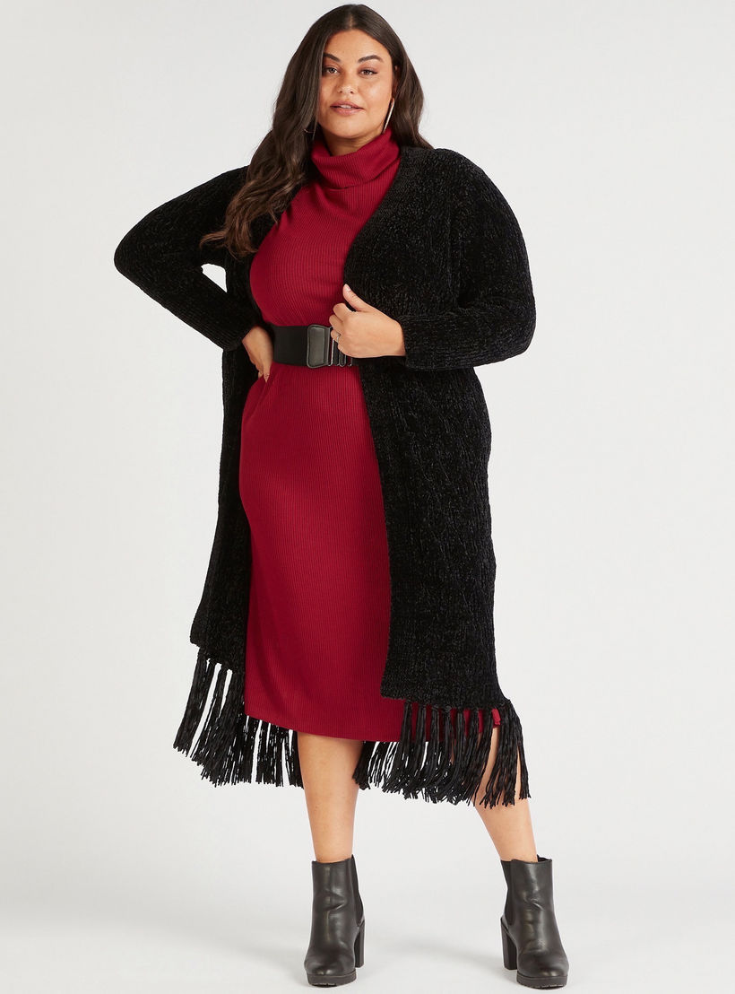 كارديجان طويل بارز الملمس بأكمام طويلة وأطراف بشرابات-women-winterwear-cardigansandjumpers-cardigans-image-1
