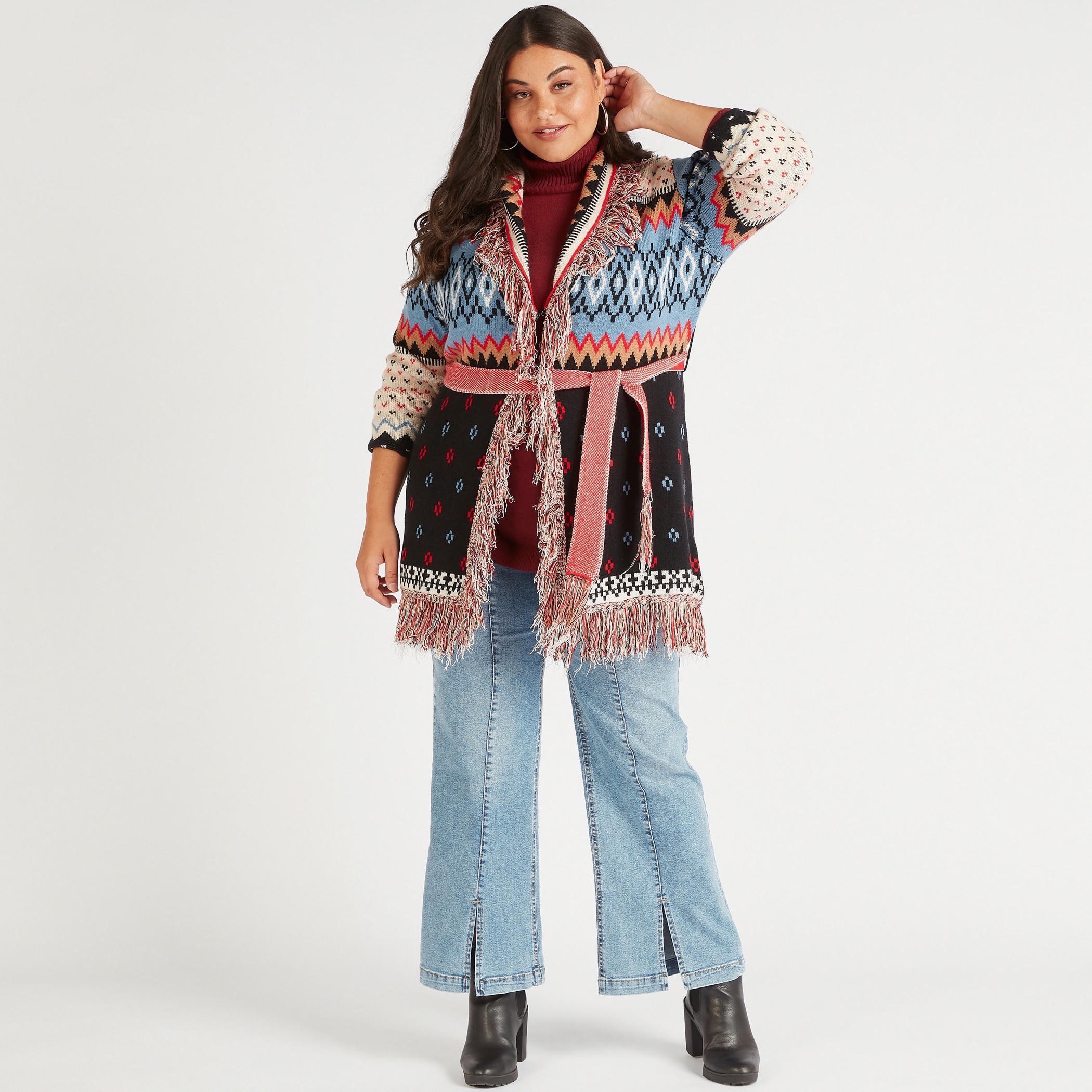 كارديجان بحزام وربطة عنق وتفاصيل شراشيب وطبعات-women-winterwear-cardigansandjumpers-cardigans-image-2