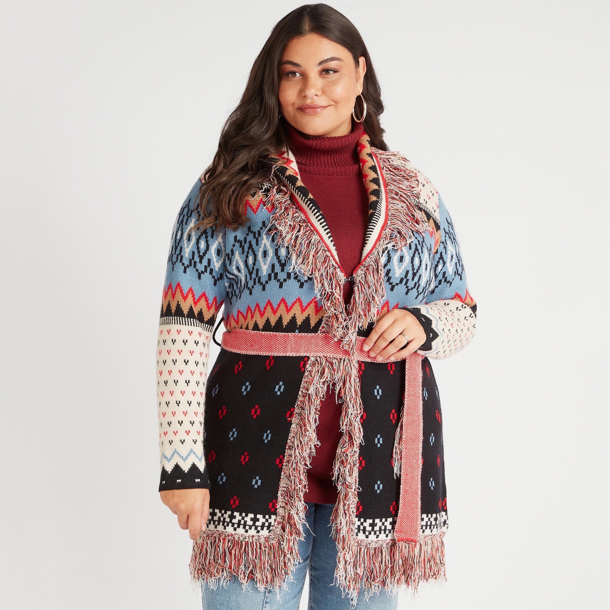 كارديجان بحزام وربطة عنق وتفاصيل شراشيب وطبعات-women-winterwear-cardigansandjumpers-cardigans-image-5