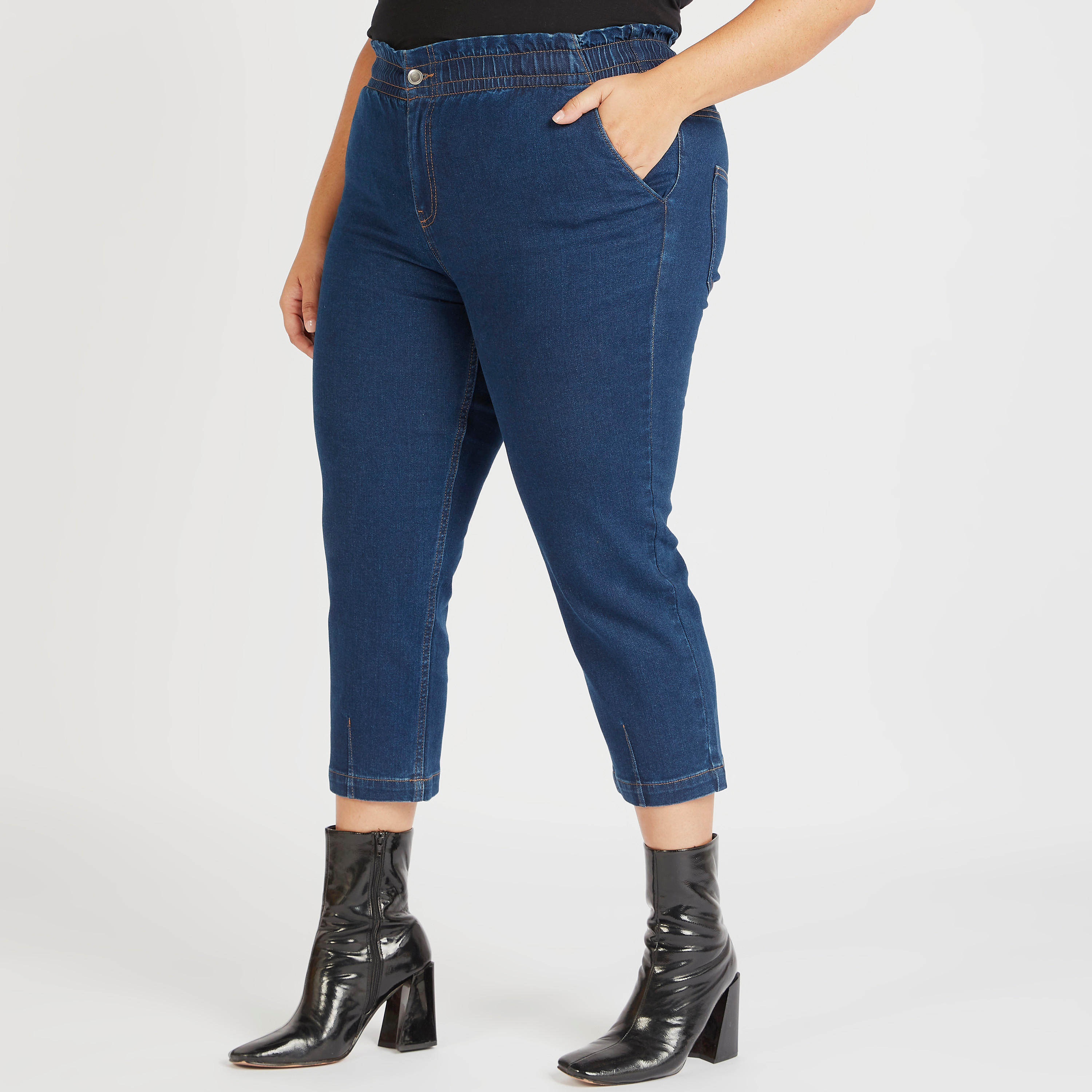 Solid Cropped Jeans with Elasticated Waistband-women-clothing-bottoms-jeans-image-1