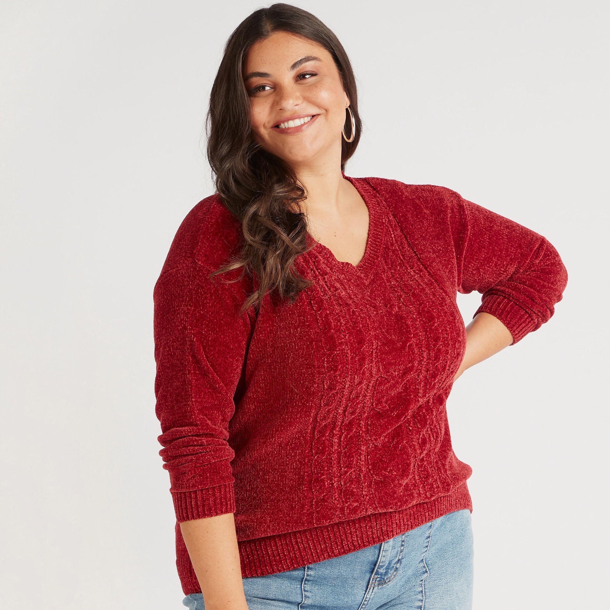 Textured V-neck Sweater with Long Sleeves-women-winterwear-cardigansandjumpers-cardigans-image-1