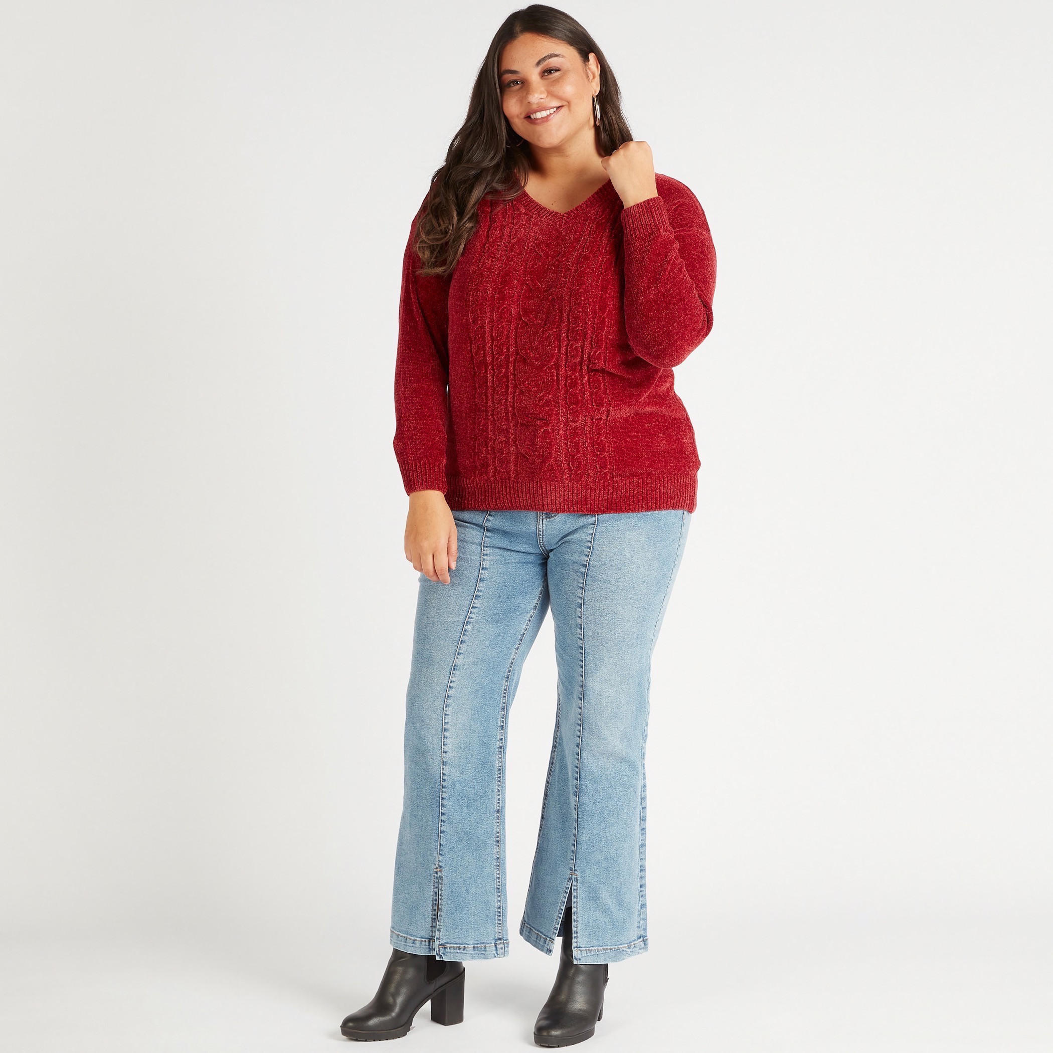 Textured V-neck Sweater with Long Sleeves-women-winterwear-cardigansandjumpers-cardigans-image-2
