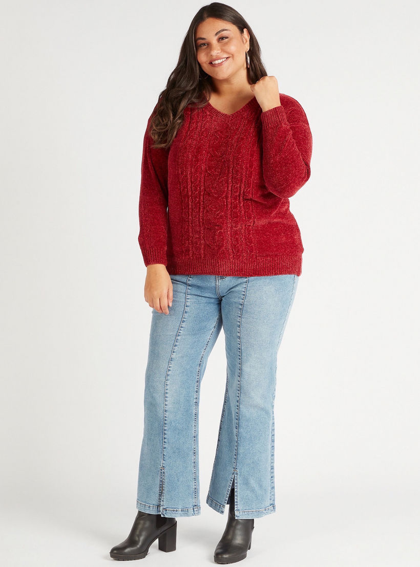Textured V-neck Sweater with Long Sleeves-women-winterwear-cardigansandjumpers-cardigans-image-2