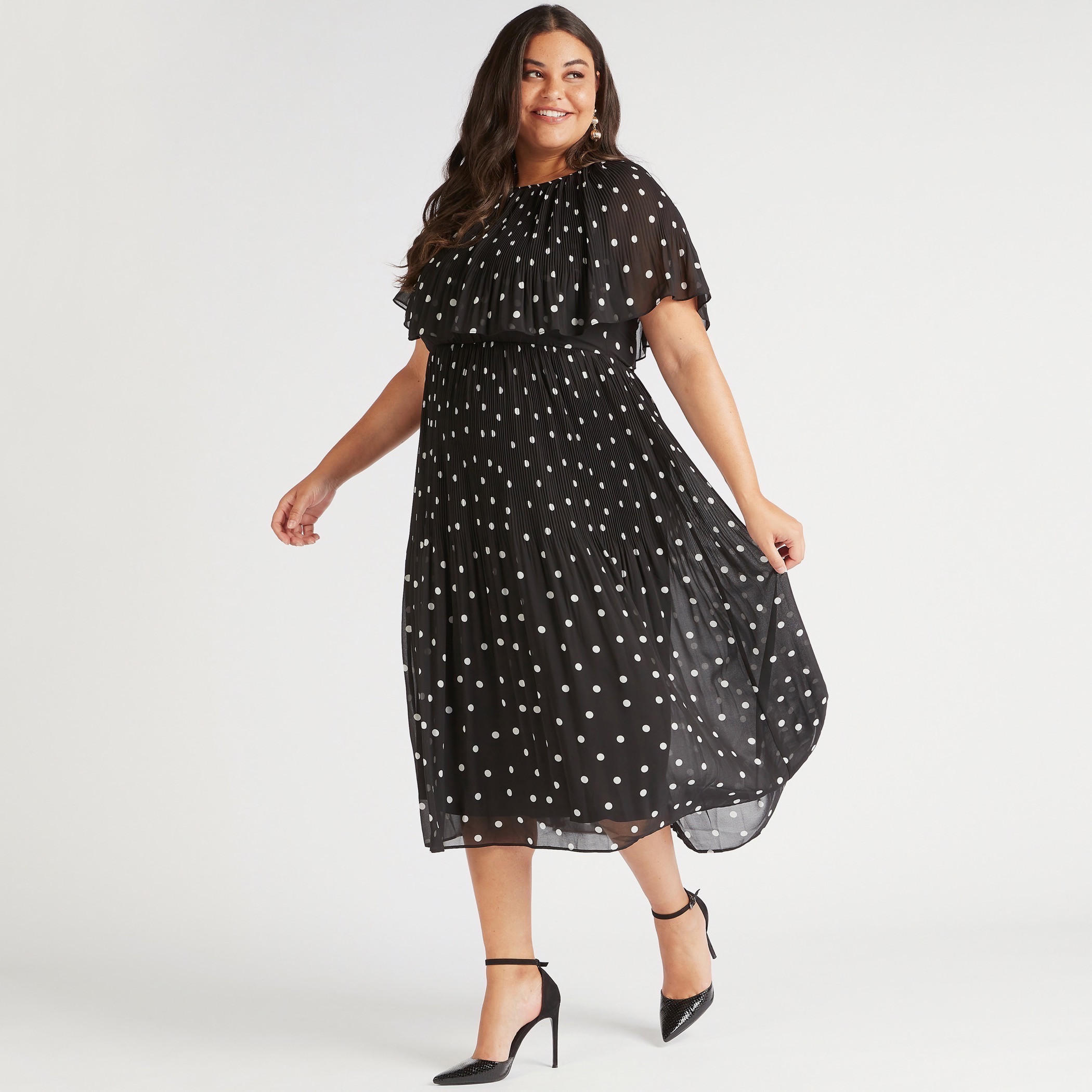 فستان ميدي إيه لاين بأكمام قصيرة وطبعات منقطة-women-clothing-dresses-image-1