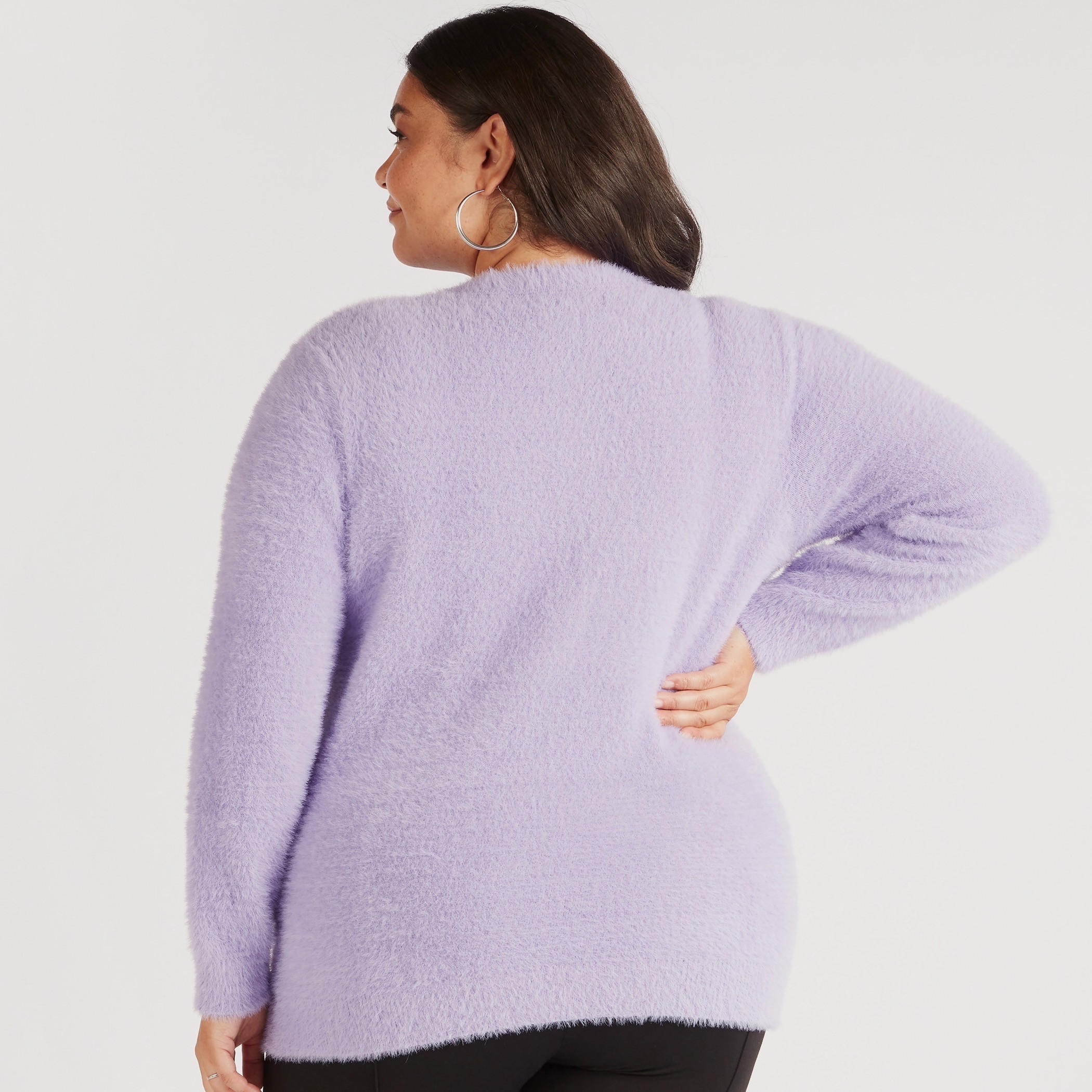كنزة فرو بياقة مستديرة وأكمام طويلة-women-winterwear-cardigansandjumpers-cardigans-image-4