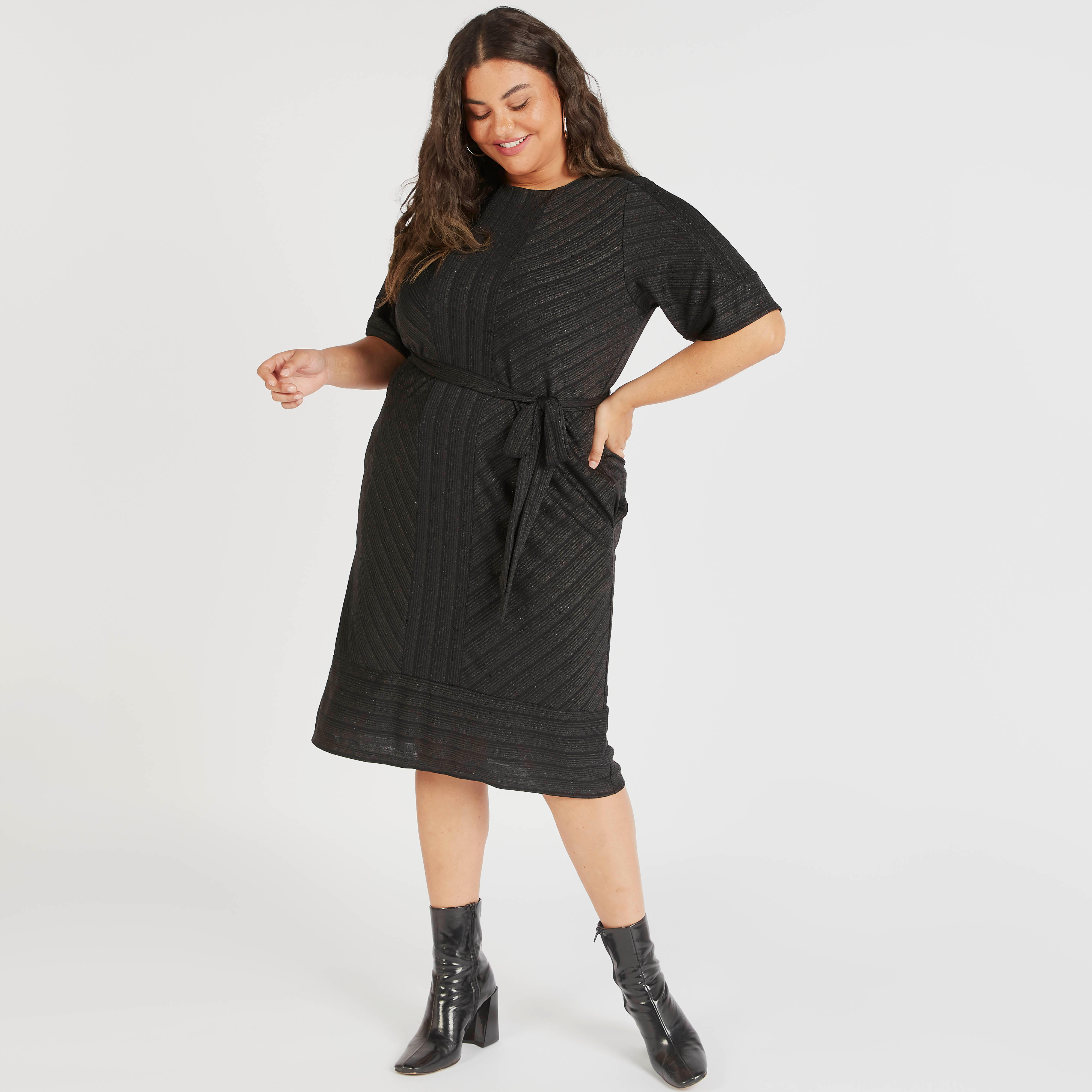 فستان ميدي بارز الملمس مع حزام وجيوب-women-clothing-dresses-image-2