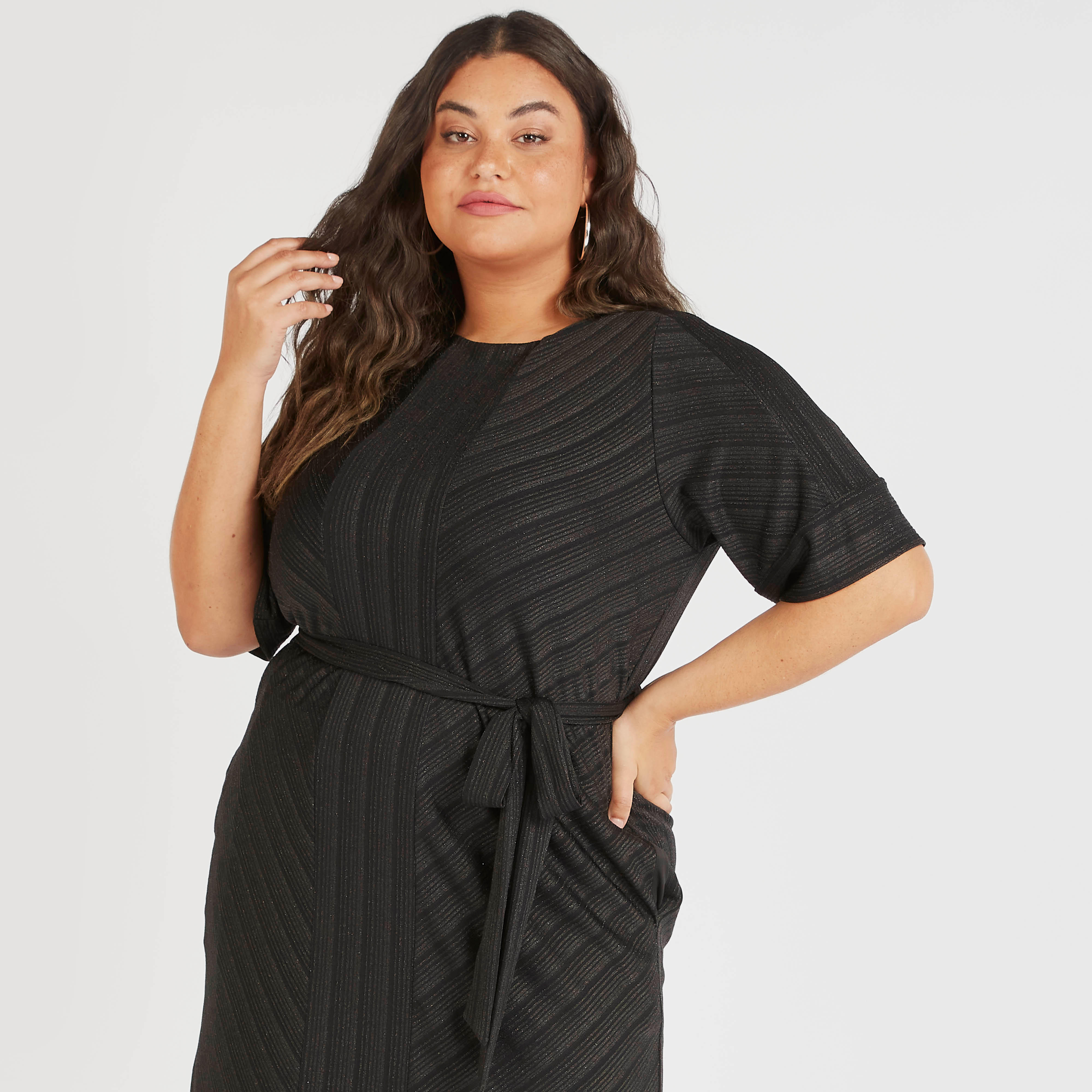 فستان ميدي بارز الملمس مع حزام وجيوب-women-clothing-dresses-image-5
