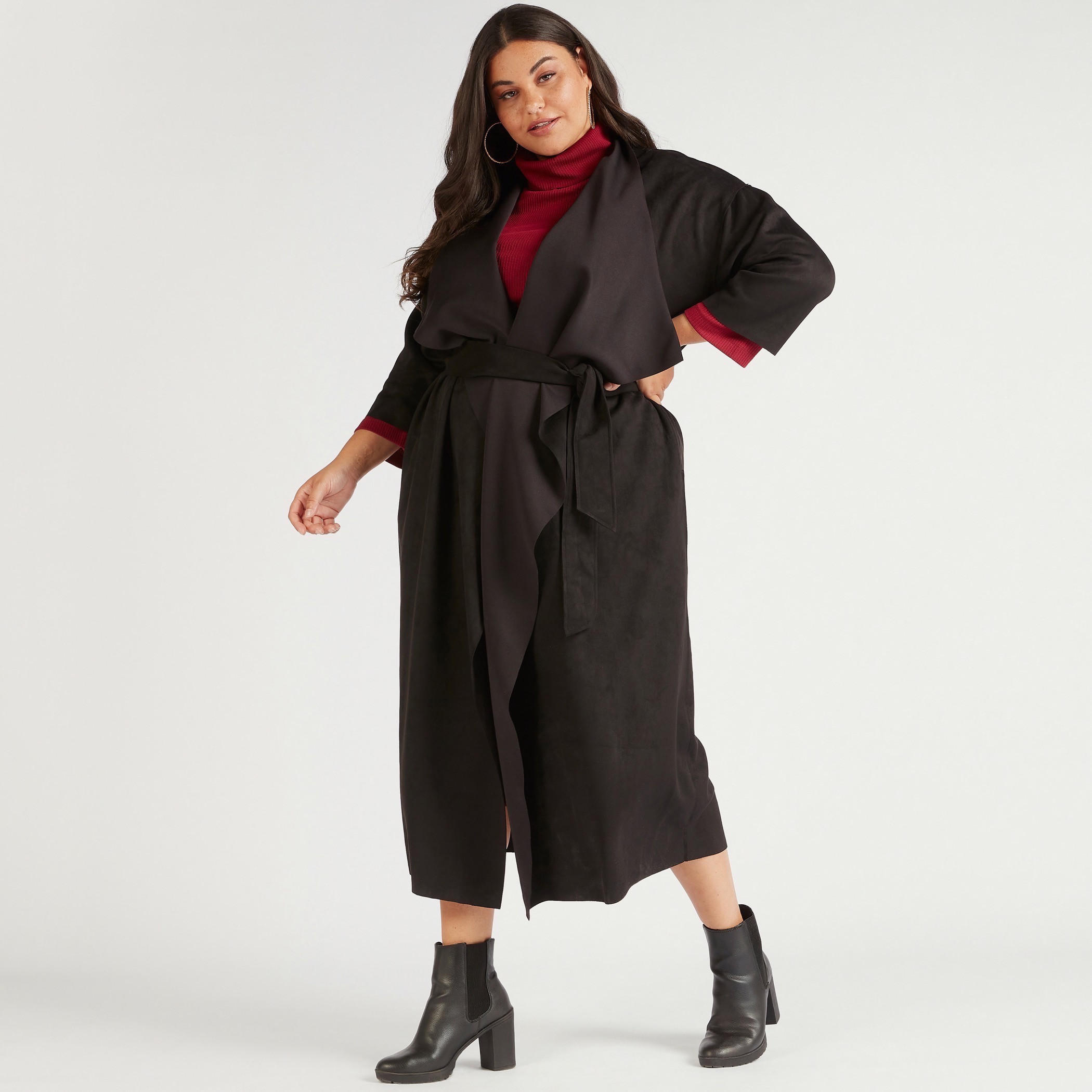 معطف طويل سادة بحزام رباط وجيوب-women-clothing-coatsandjackets-coats-image-5