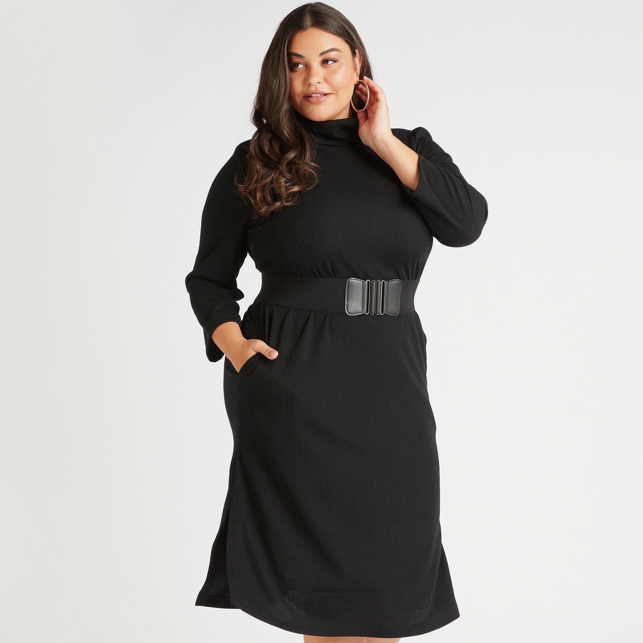 فستان ميدي واسع بارز الملمس بياقة عالية وجيوب وحزام-women-clothing-dresses-image-1