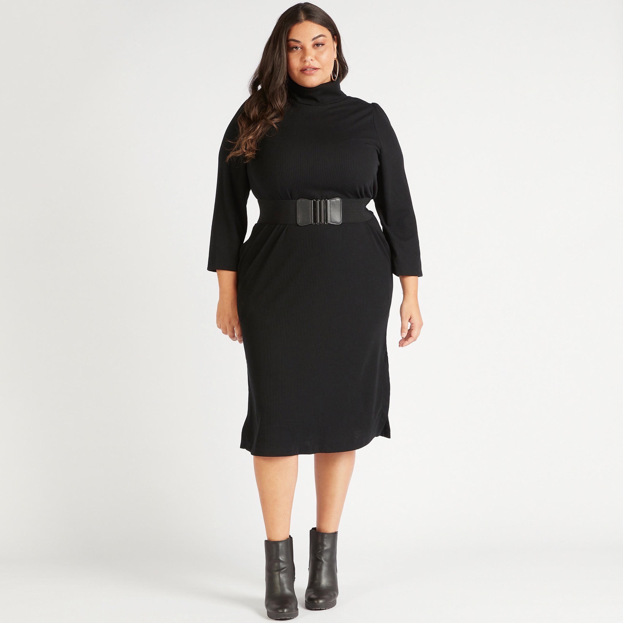 فستان ميدي واسع بارز الملمس بياقة عالية وجيوب وحزام-women-clothing-dresses-image-2