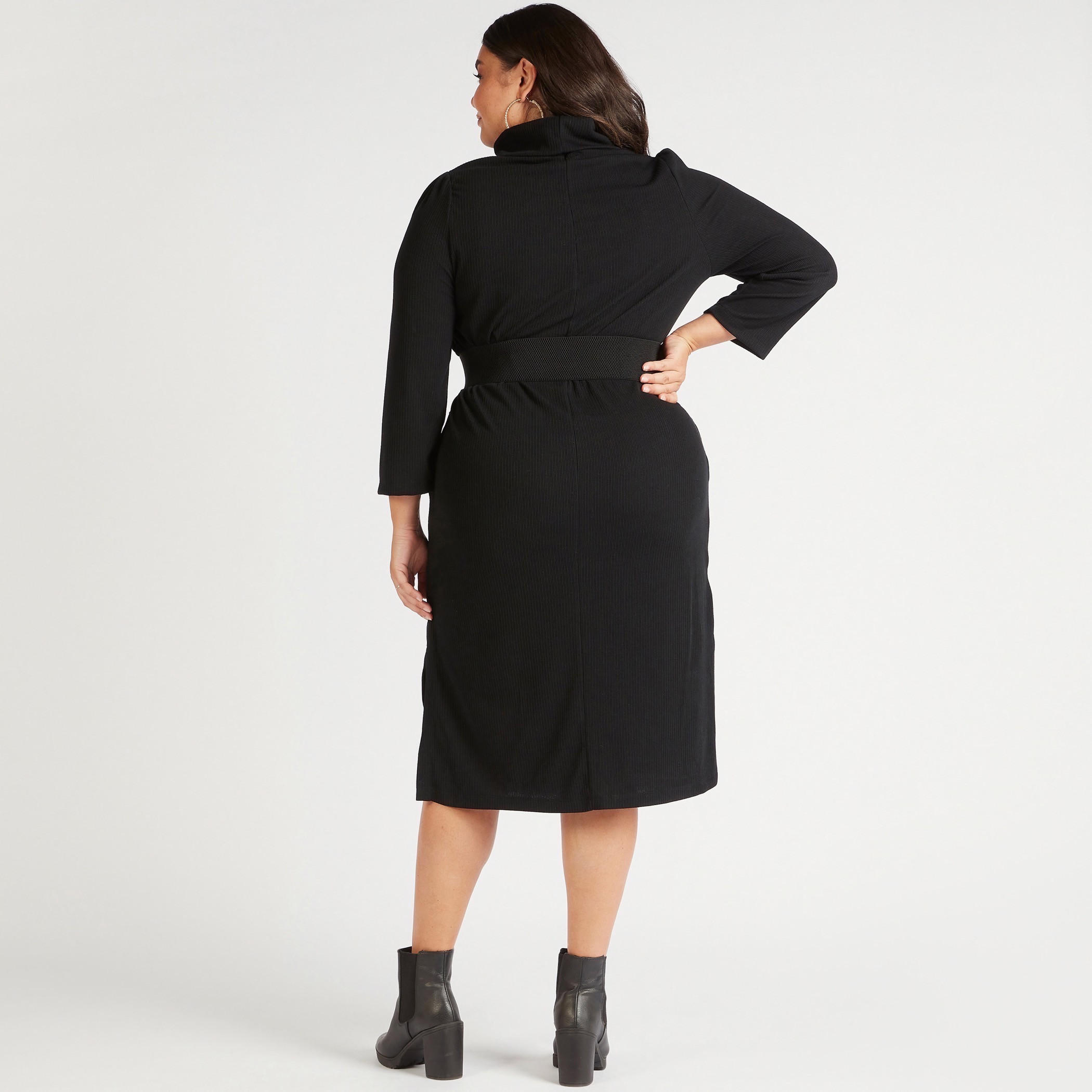 فستان ميدي واسع بارز الملمس بياقة عالية وجيوب وحزام-women-clothing-dresses-image-4