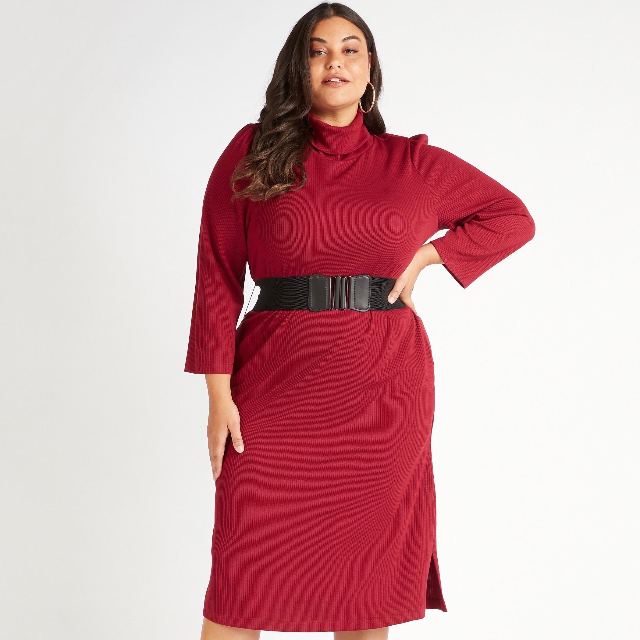 فستان ميدي بارز الملمس بياقة عالية وأكمام طويلة وحزام-women-clothing-dresses-image-1