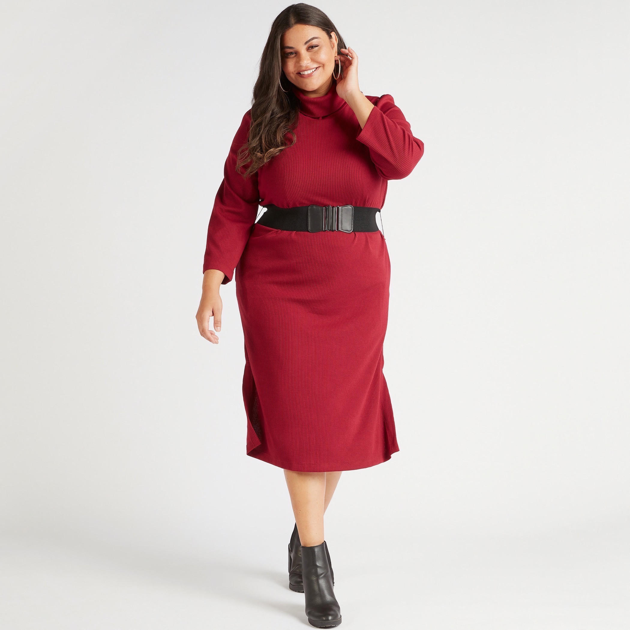 فستان ميدي بارز الملمس بياقة عالية وأكمام طويلة وحزام-women-clothing-dresses-image-2