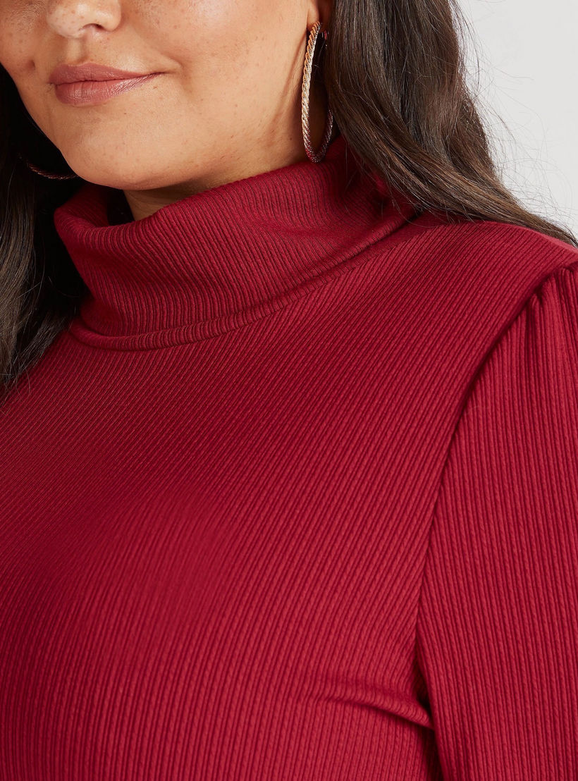 فستان ميدي بارز الملمس بياقة عالية وأكمام طويلة وحزام-women-clothing-dresses-image-3