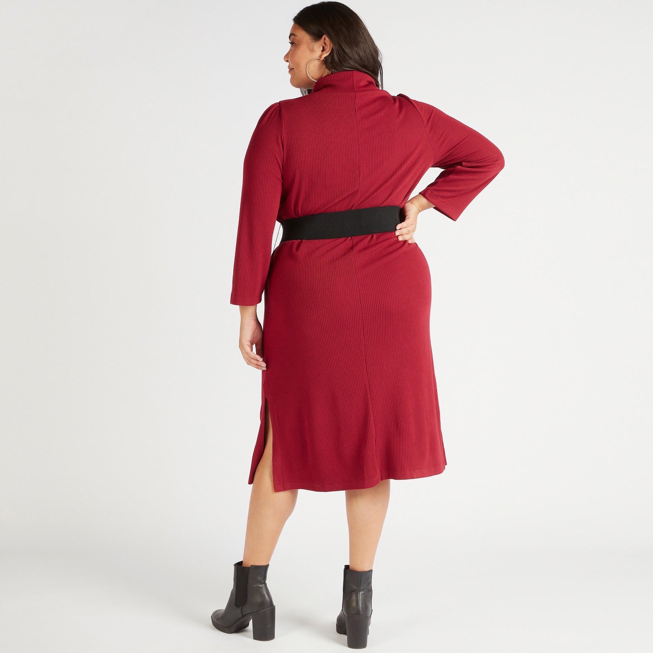 فستان ميدي بارز الملمس بياقة عالية وأكمام طويلة وحزام-women-clothing-dresses-image-4