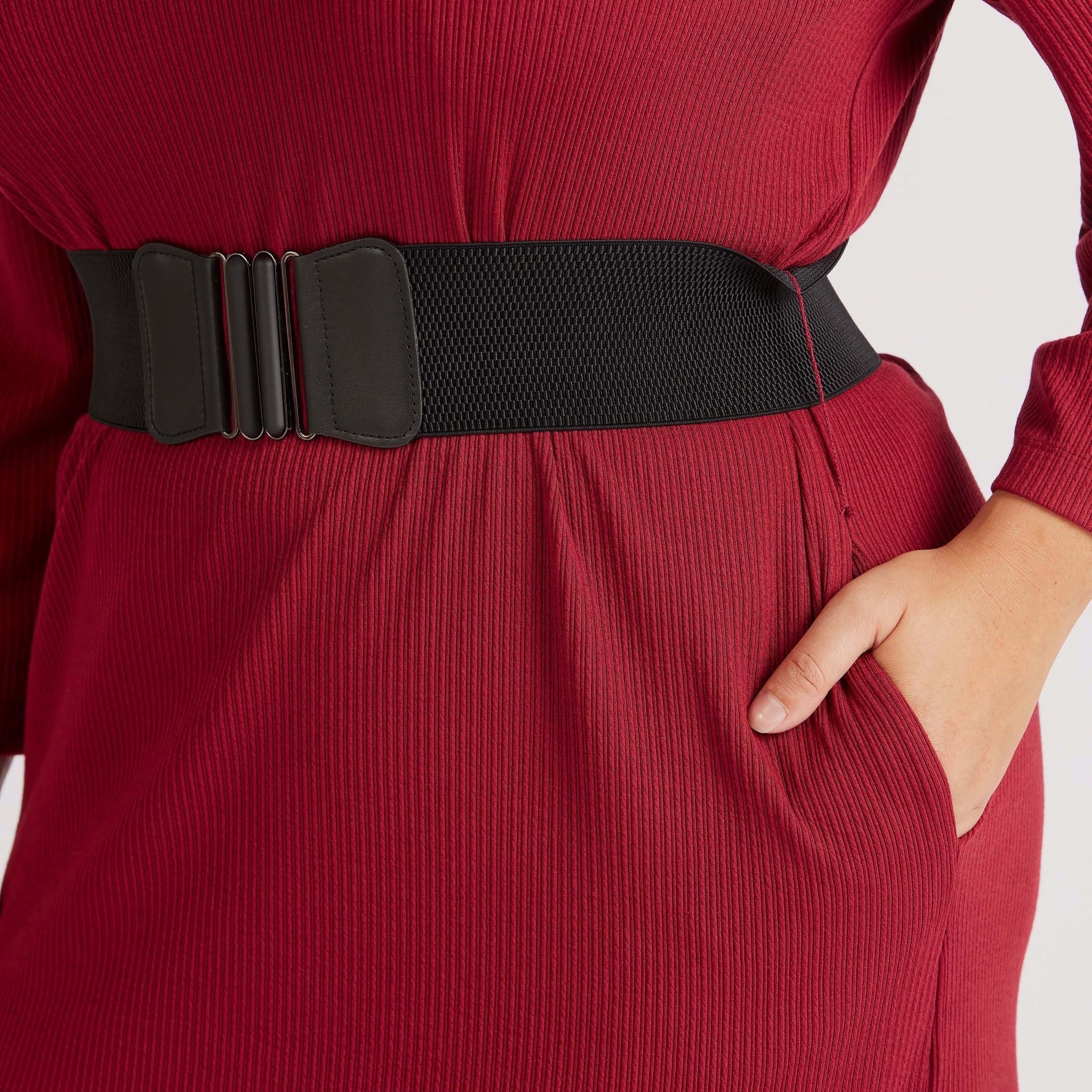 فستان ميدي بارز الملمس بياقة عالية وأكمام طويلة وحزام-women-clothing-dresses-image-6