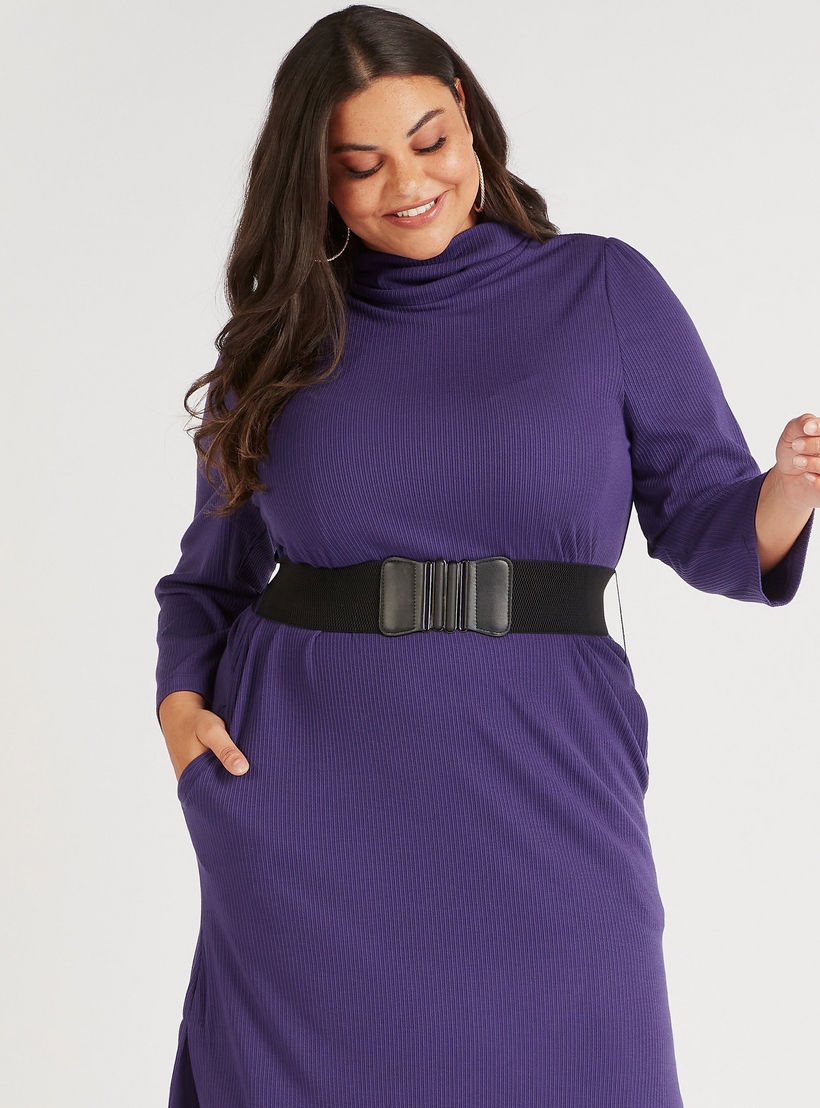 فستان ميدي واسع بارز الملمس بياقة عالية وتفاصيل فتجات جانبية وحزام-women-clothing-dresses-image-2