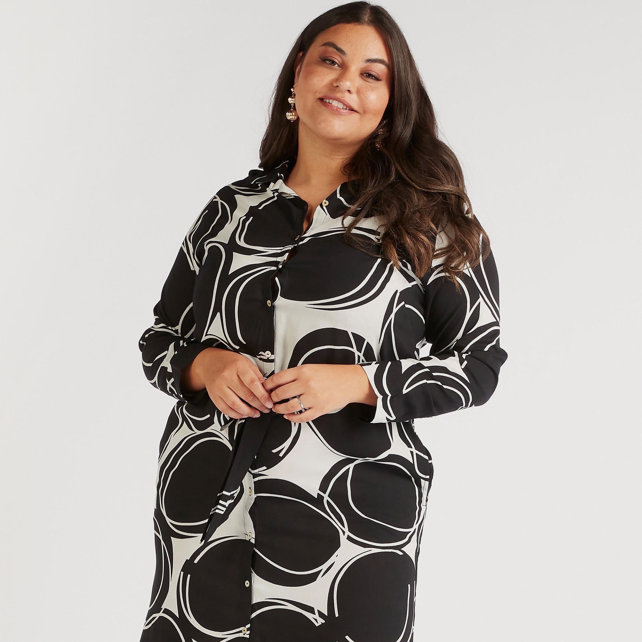 فستان قميص طويل بأكمام طويلة وأربطة وطبعات-women-clothing-dresses-image-2