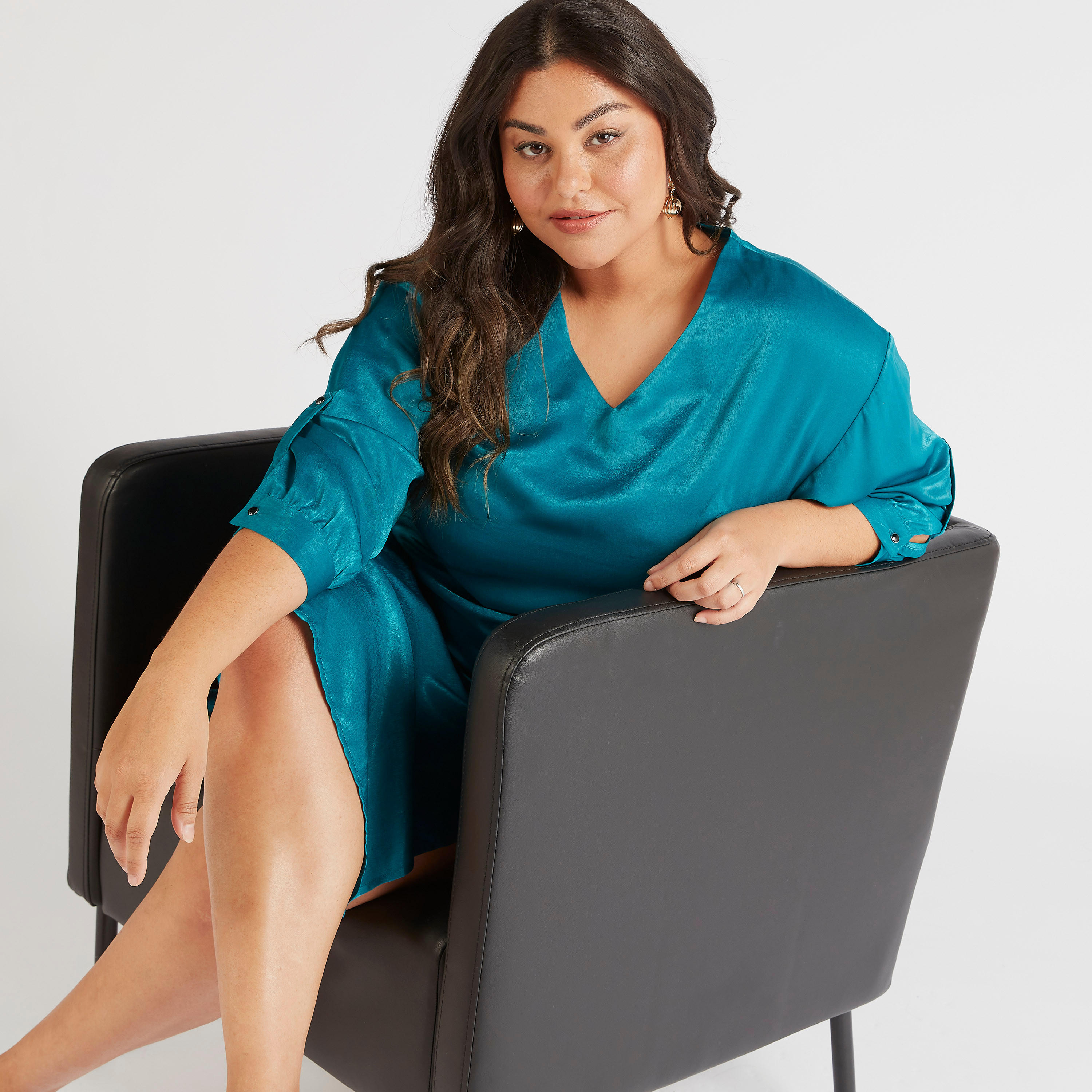 تونيك مستدام سادة بياقة v وأكمام 3/4 وجيوب-women-clothing-dresses-image-1