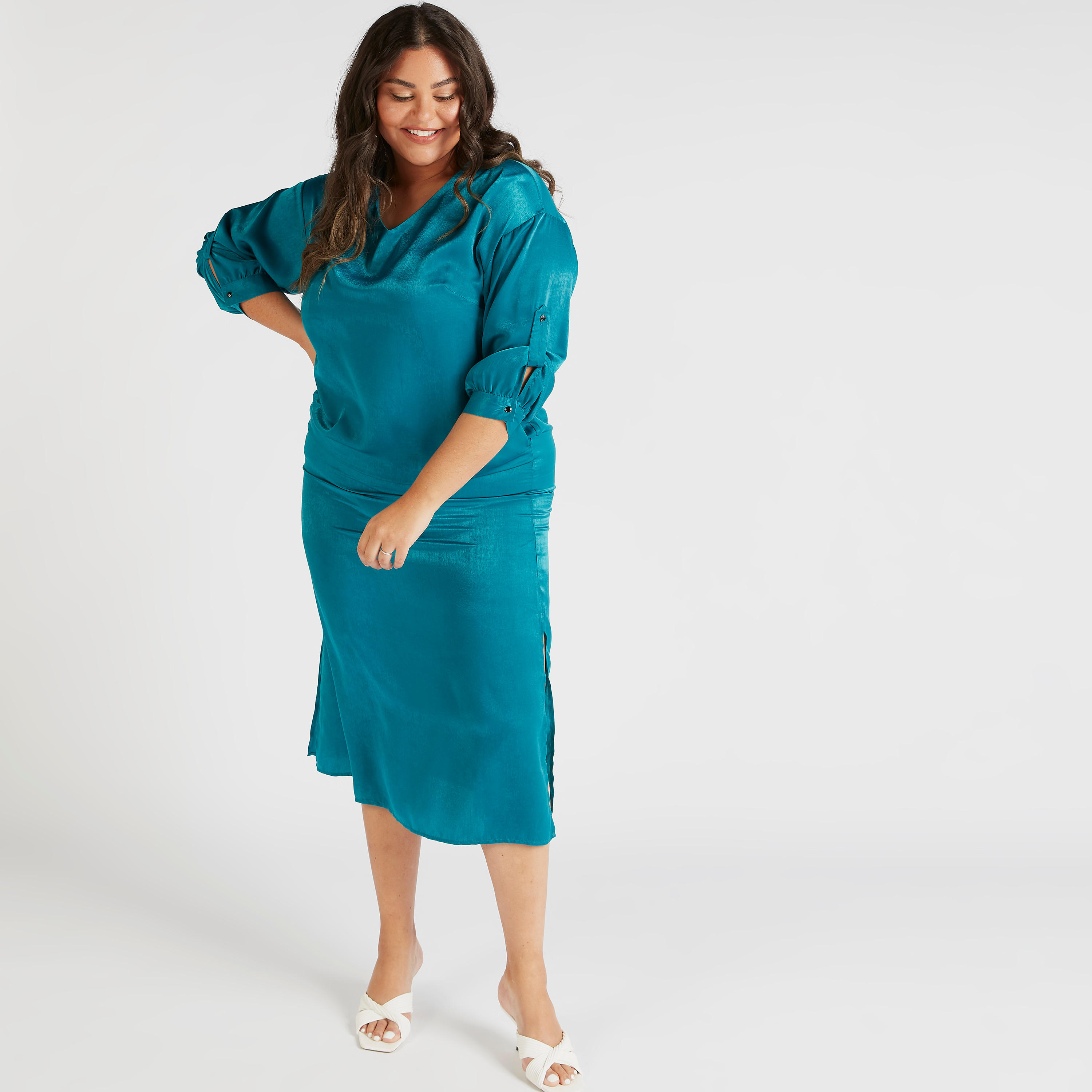 تونيك مستدام سادة بياقة v وأكمام 3/4 وجيوب-women-clothing-dresses-image-2