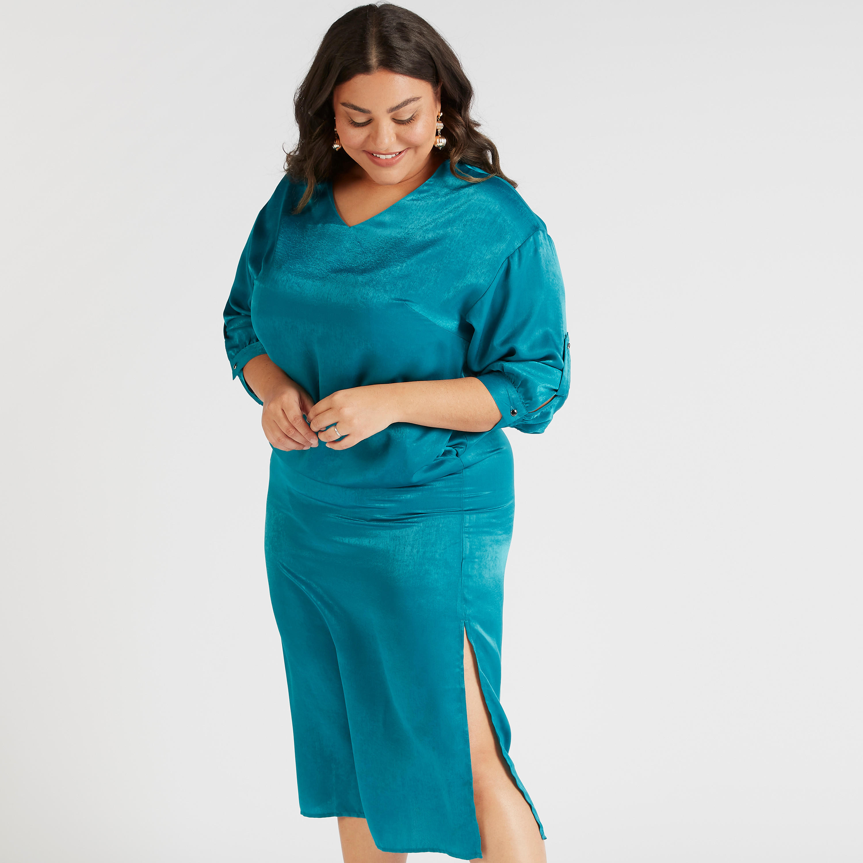 تونيك مستدام سادة بياقة v وأكمام 3/4 وجيوب-women-clothing-dresses-image-5
