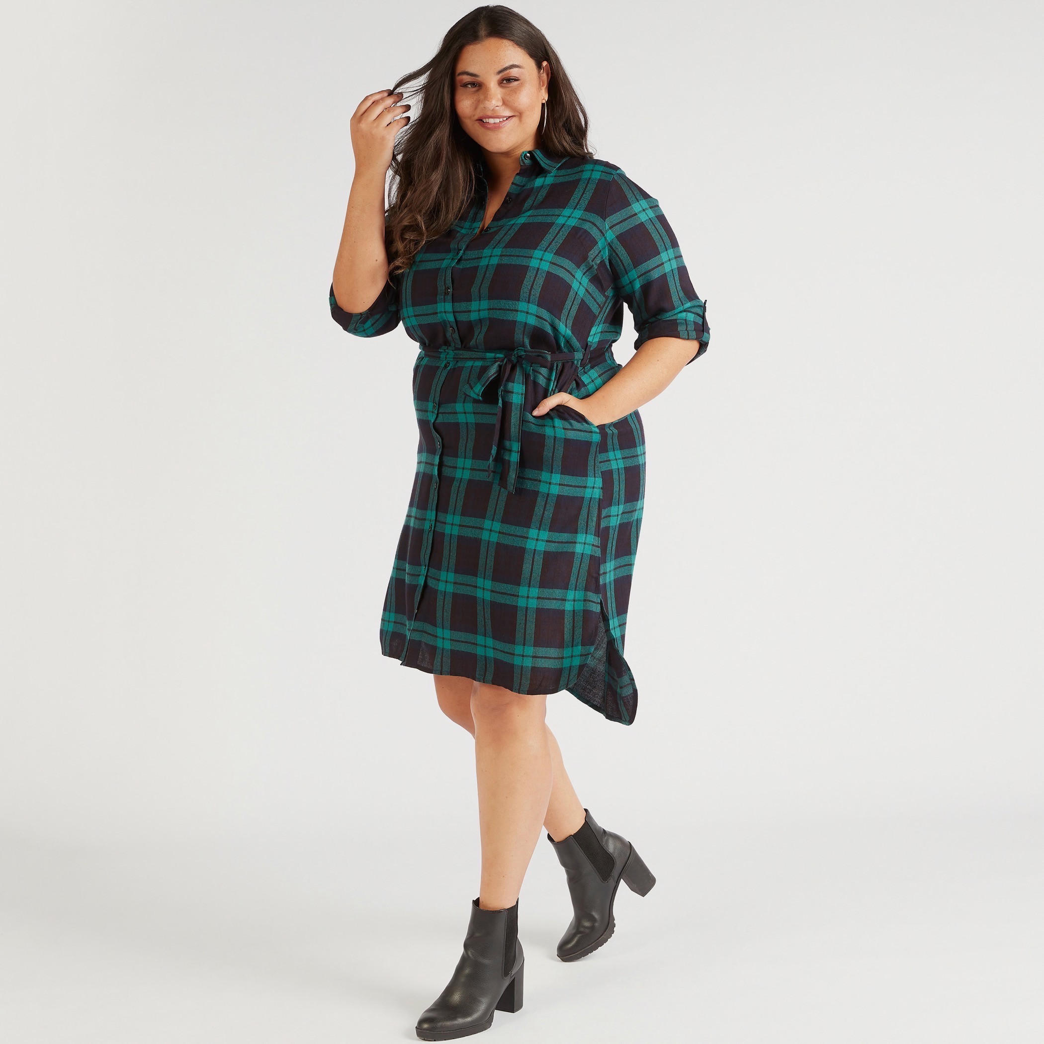 Checked Long Sleeves Tunic with Tie-Up Belt and Pockets-women-clothing-dresses-image-1