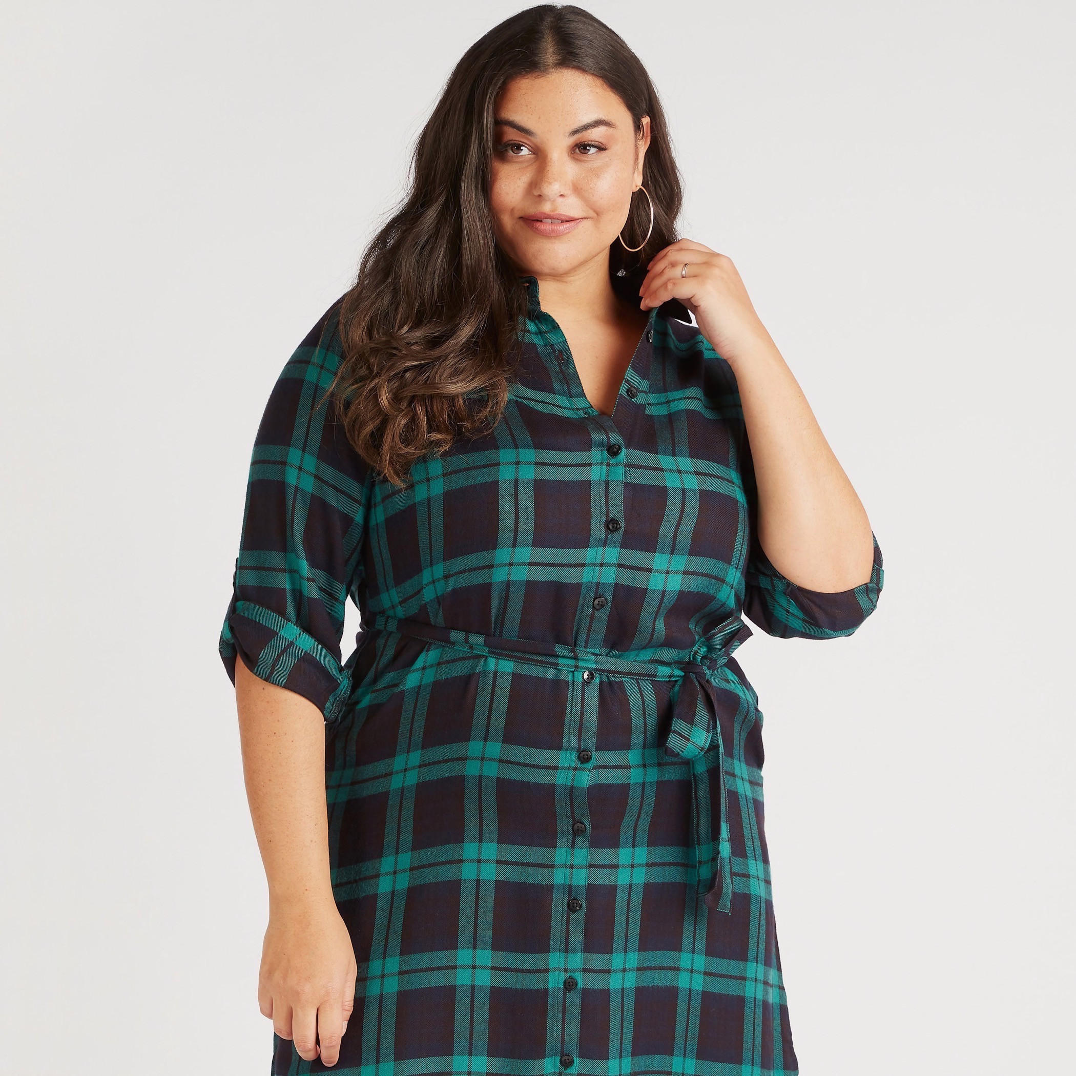 Checked Long Sleeves Tunic with Tie-Up Belt and Pockets-women-clothing-dresses-image-2