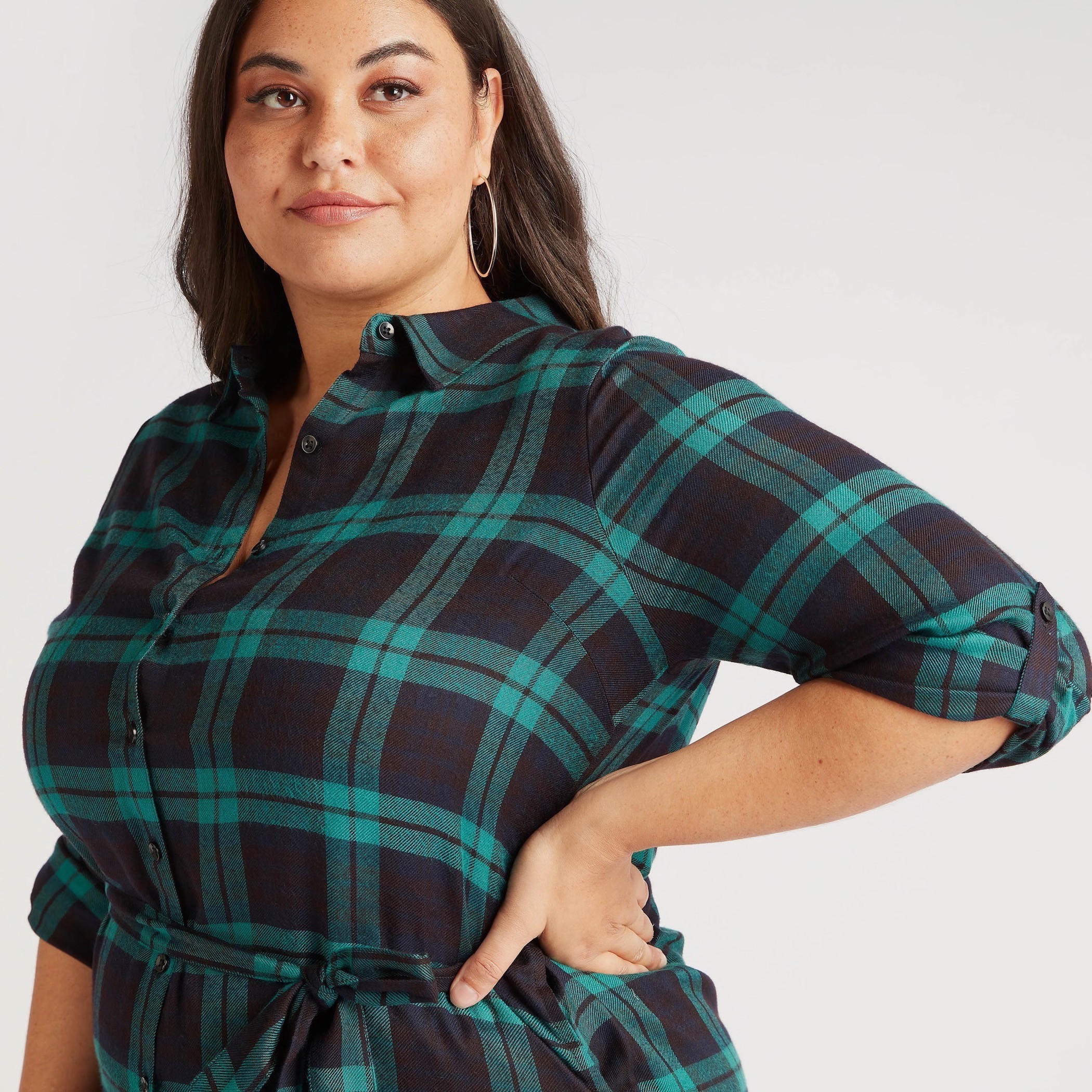 Checked Long Sleeves Tunic with Tie-Up Belt and Pockets-women-clothing-dresses-image-3