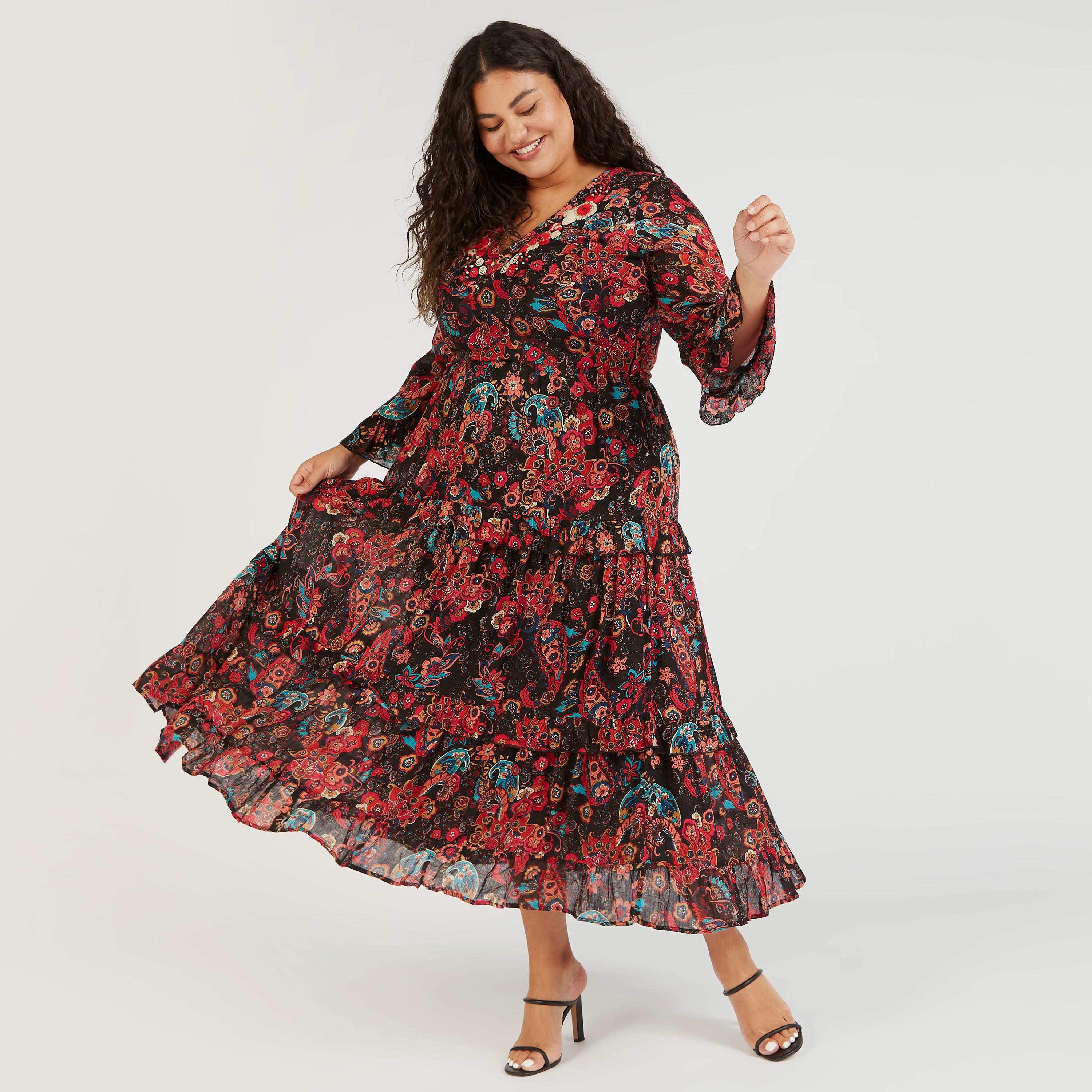 فستان إيه لاين طويل متعدد الطبقات بطبعات وياقة v وأكمام طويلة-women-clothing-dresses-image-1