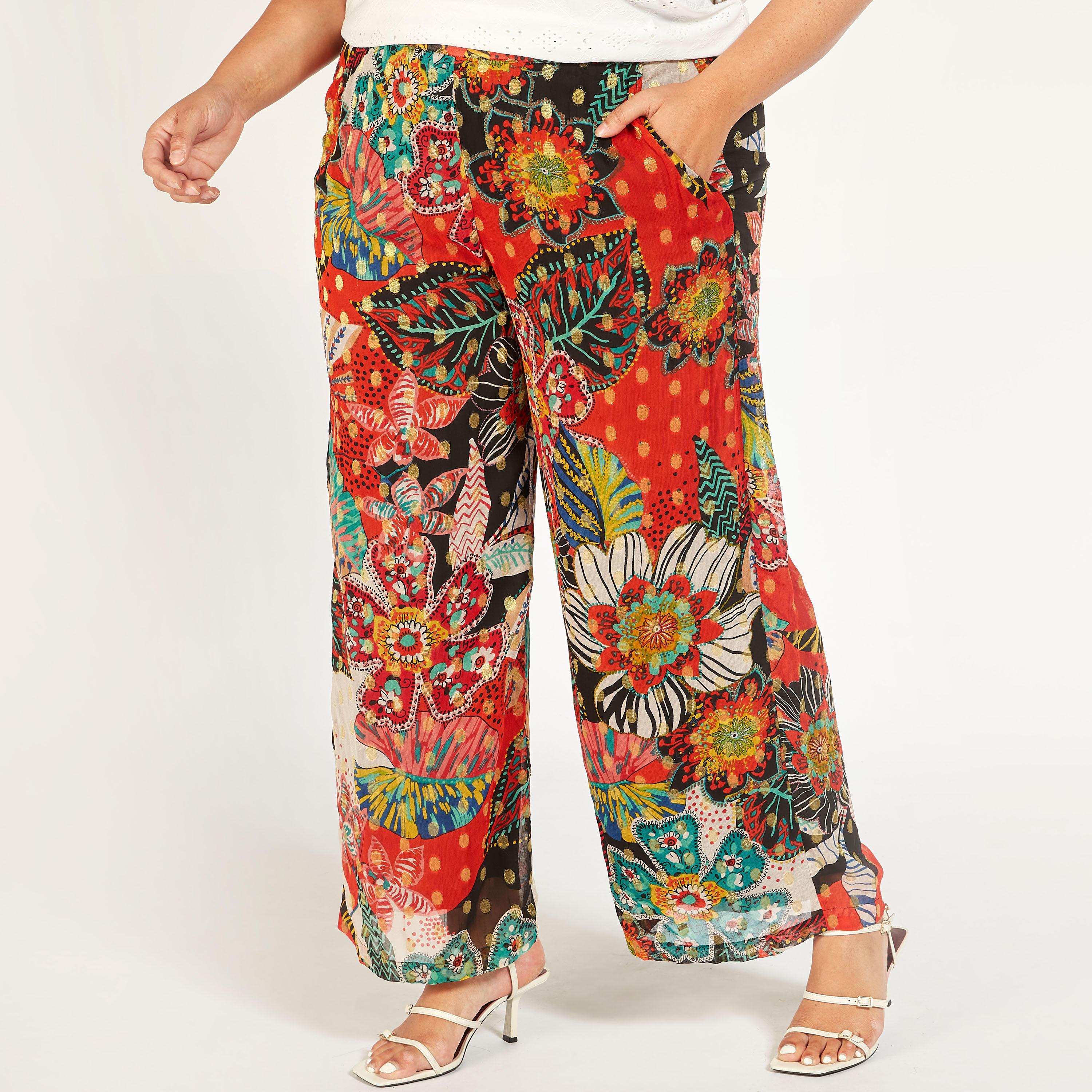 بنطلون بالازو بخصر شبه مطاطي متوسط الارتفاع وطبعات-women-clothing-bottoms-trousers-image-1