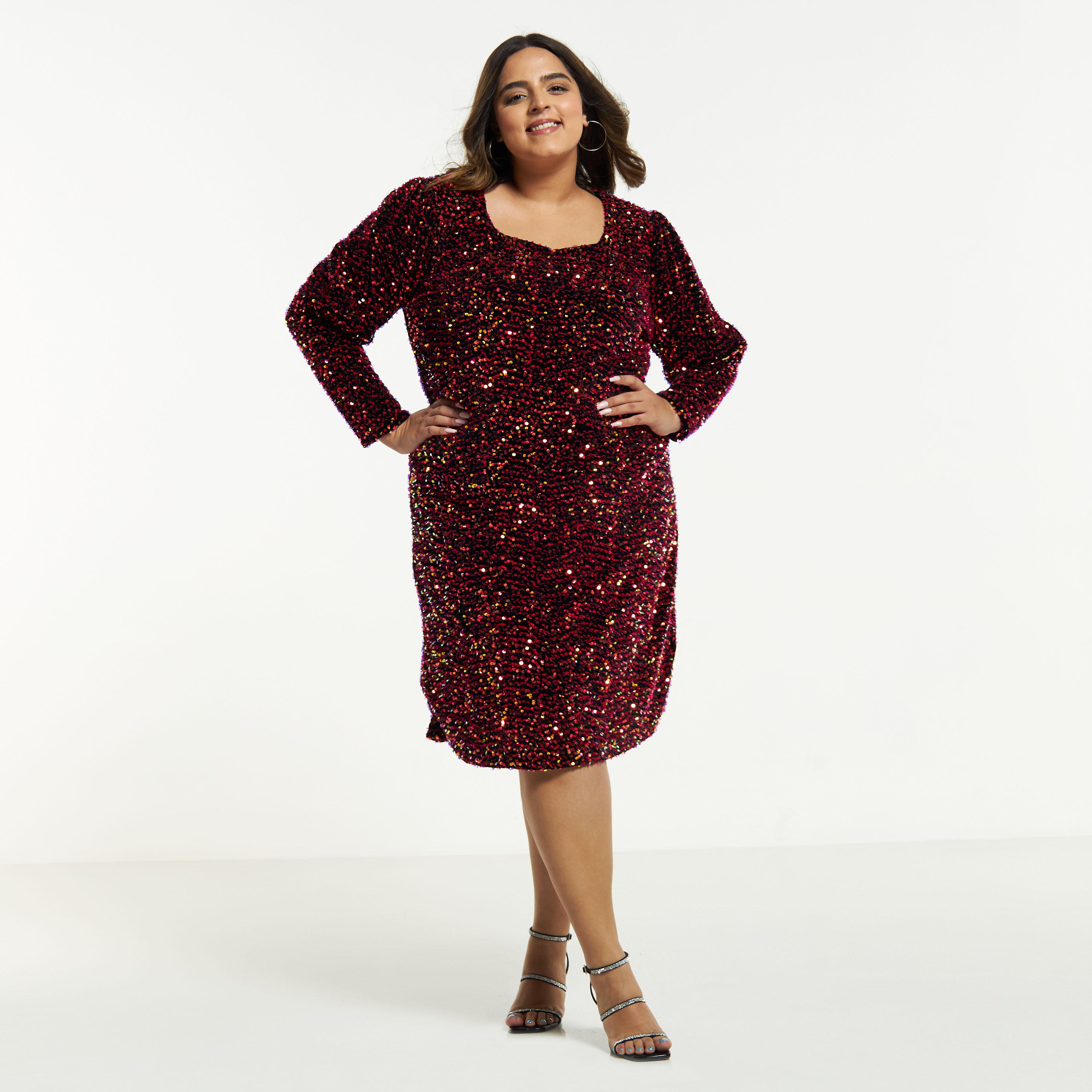 فستان ميدي مقاس كبير بأكمام طويلة وتزيينات ترتر-women-clothing-dresses-image-1