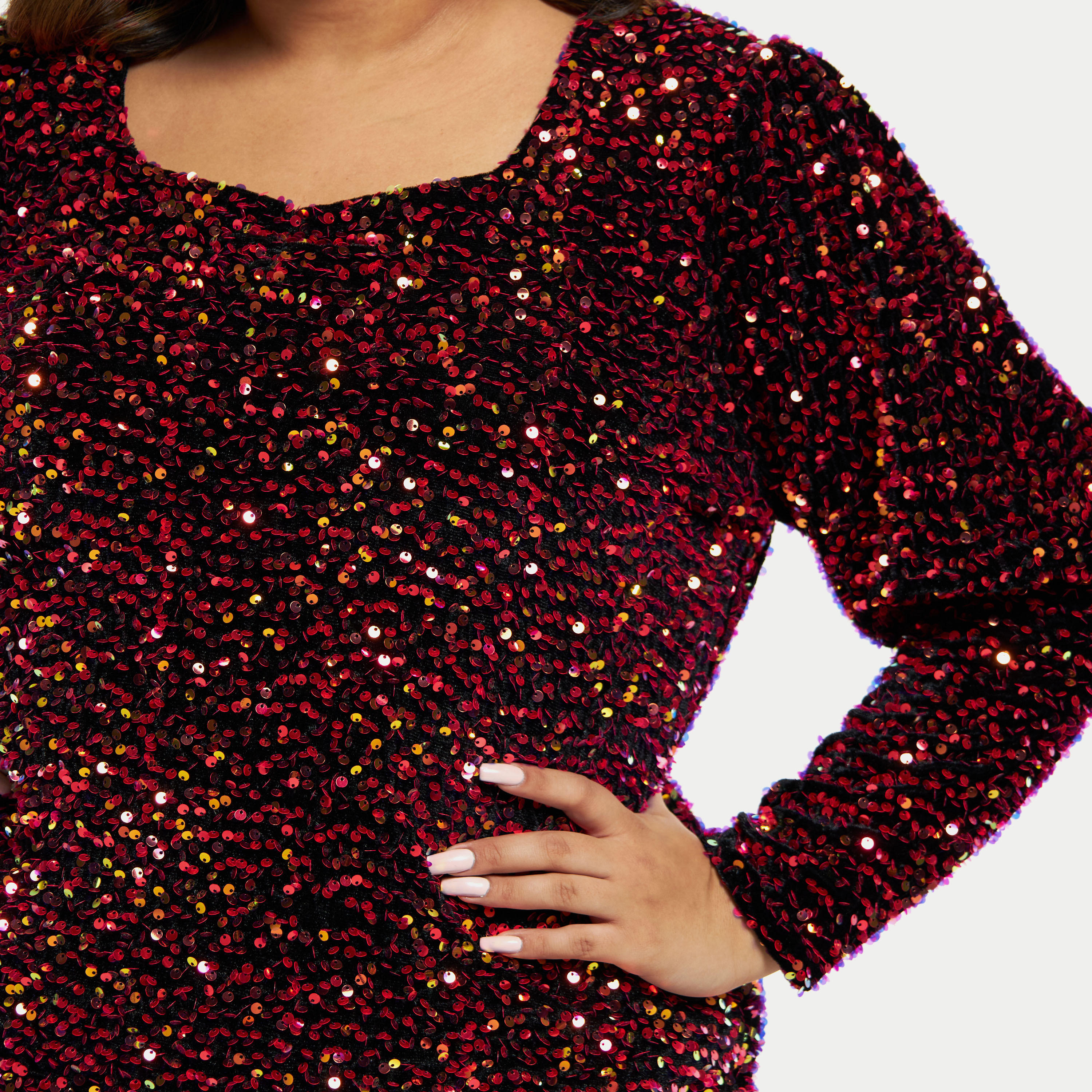 فستان ميدي مقاس كبير بأكمام طويلة وتزيينات ترتر-women-clothing-dresses-image-4