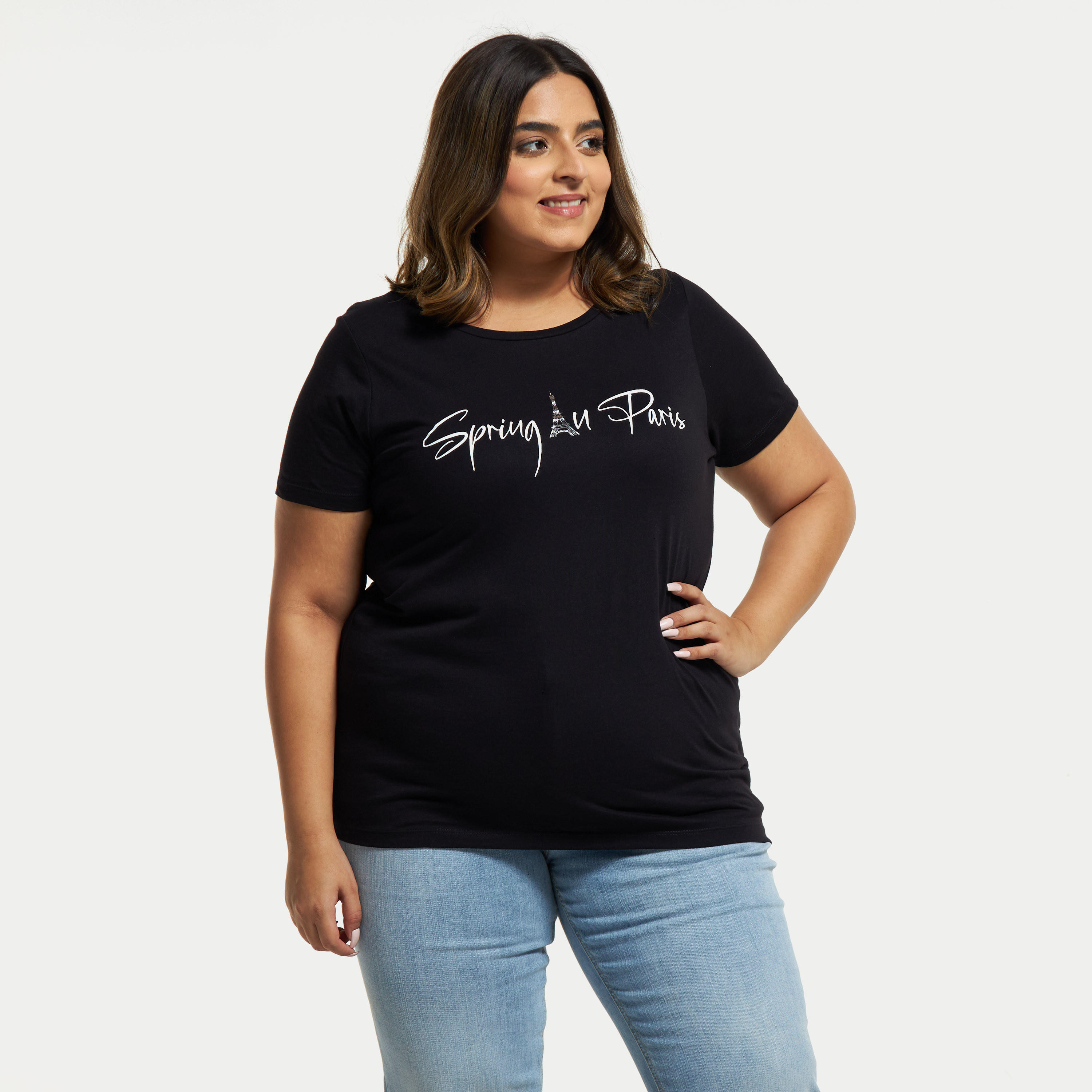 Plus Size Typographic Print T-shirt with Round Neck and Short Sleeves-women-clothing-tshirts-image-1