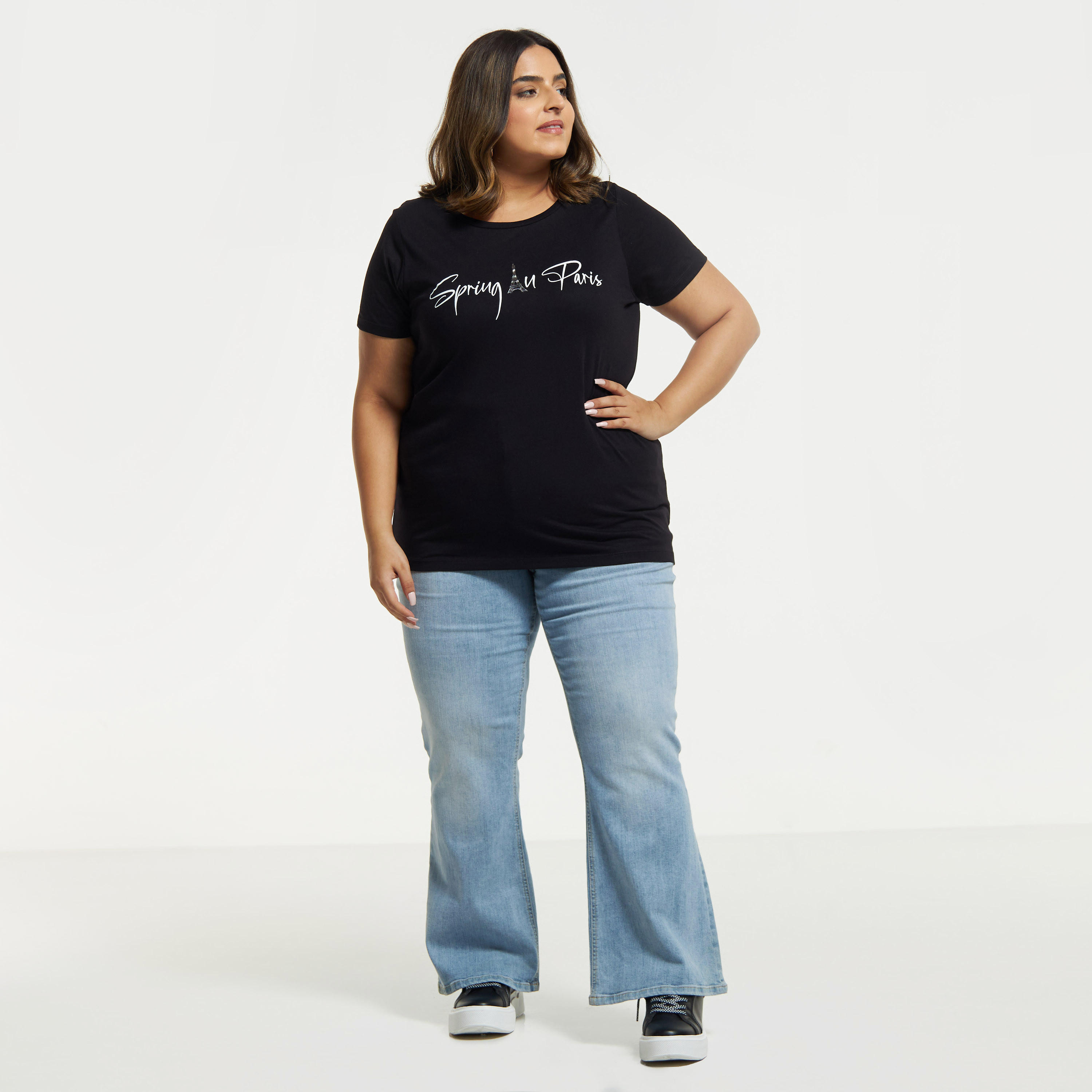 Plus Size Typographic Print T-shirt with Round Neck and Short Sleeves-women-clothing-tshirts-image-2