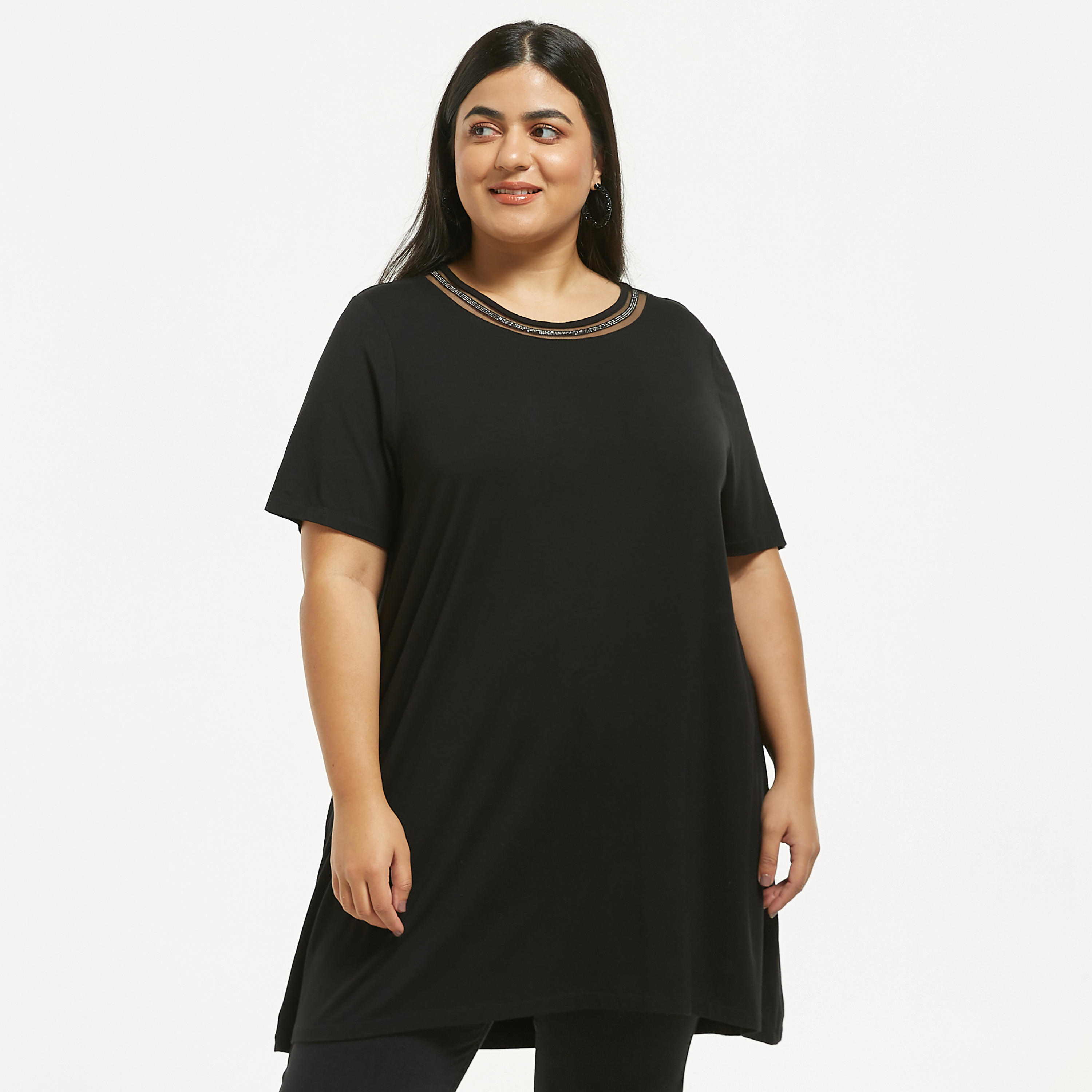 تيشيرت مقاس كبير سادة بأكمام قصيرة وتفاصيل دانتيل وشبكة-women-clothing-tshirts-image-5