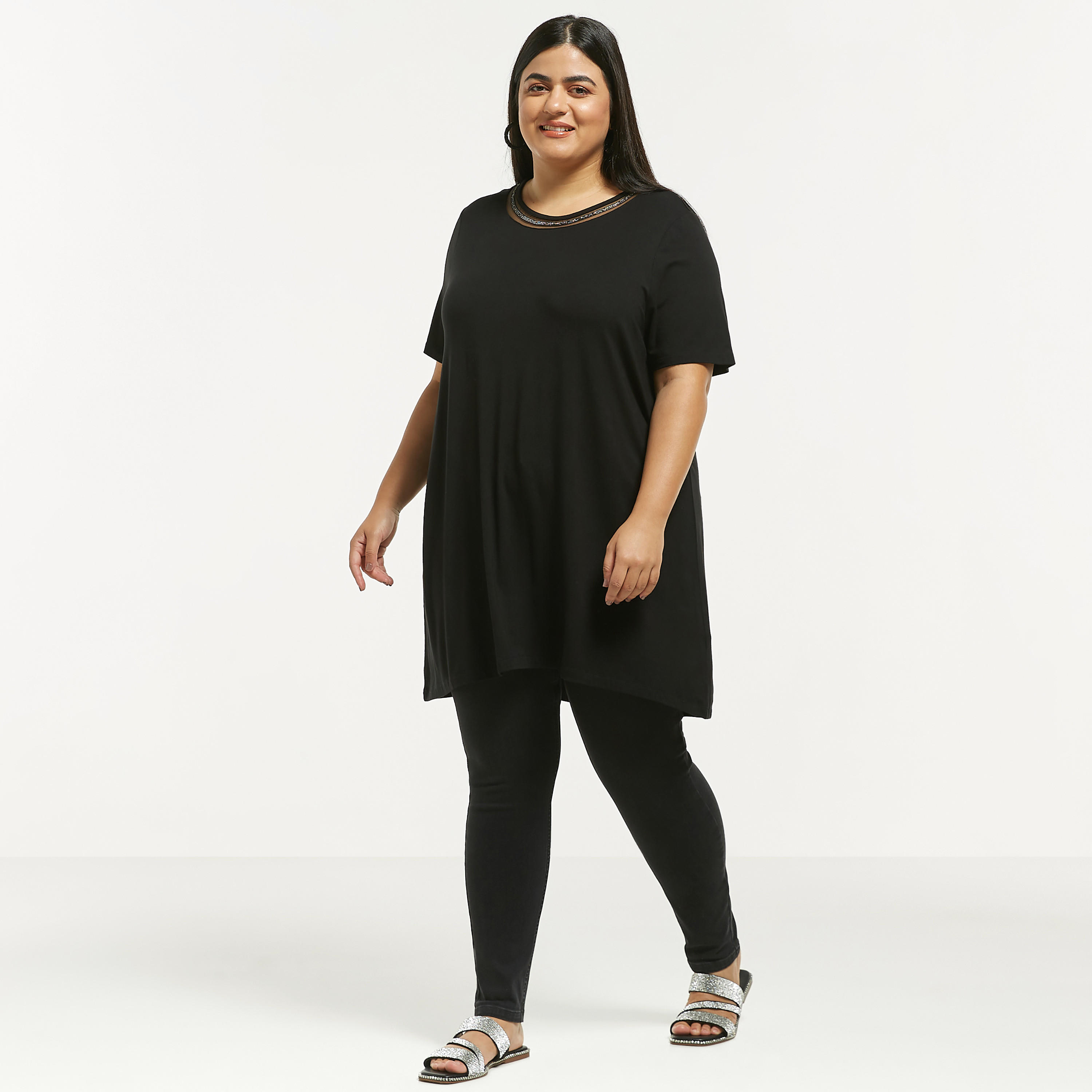 تيشيرت مقاس كبير سادة بأكمام قصيرة وتفاصيل دانتيل وشبكة-women-clothing-tshirts-image-6