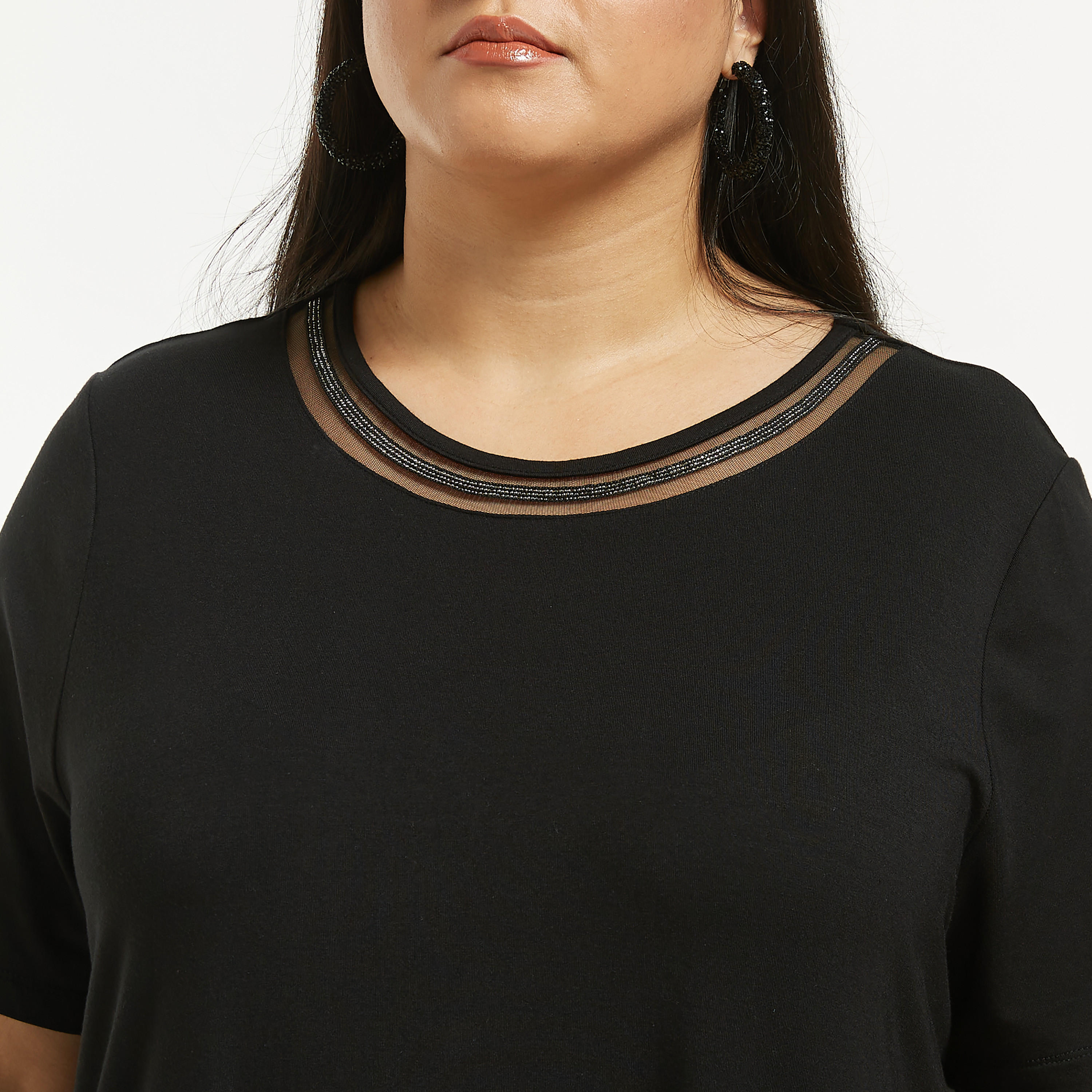 تيشيرت مقاس كبير سادة بأكمام قصيرة وتفاصيل دانتيل وشبكة-women-clothing-tshirts-image-8