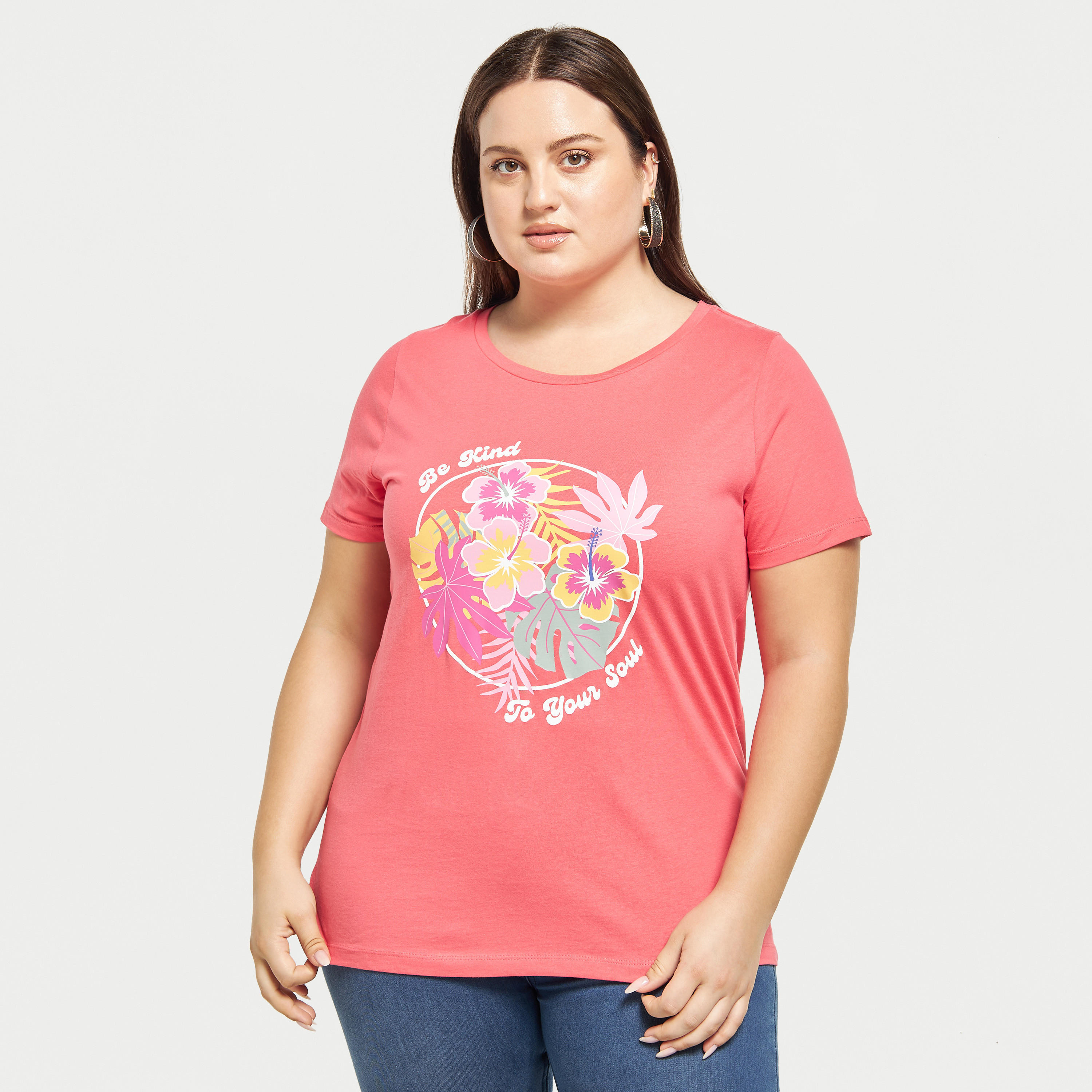 Plus Size Printed Round Neck T-shirt with Short Sleeves-women-clothing-tshirts-image-1