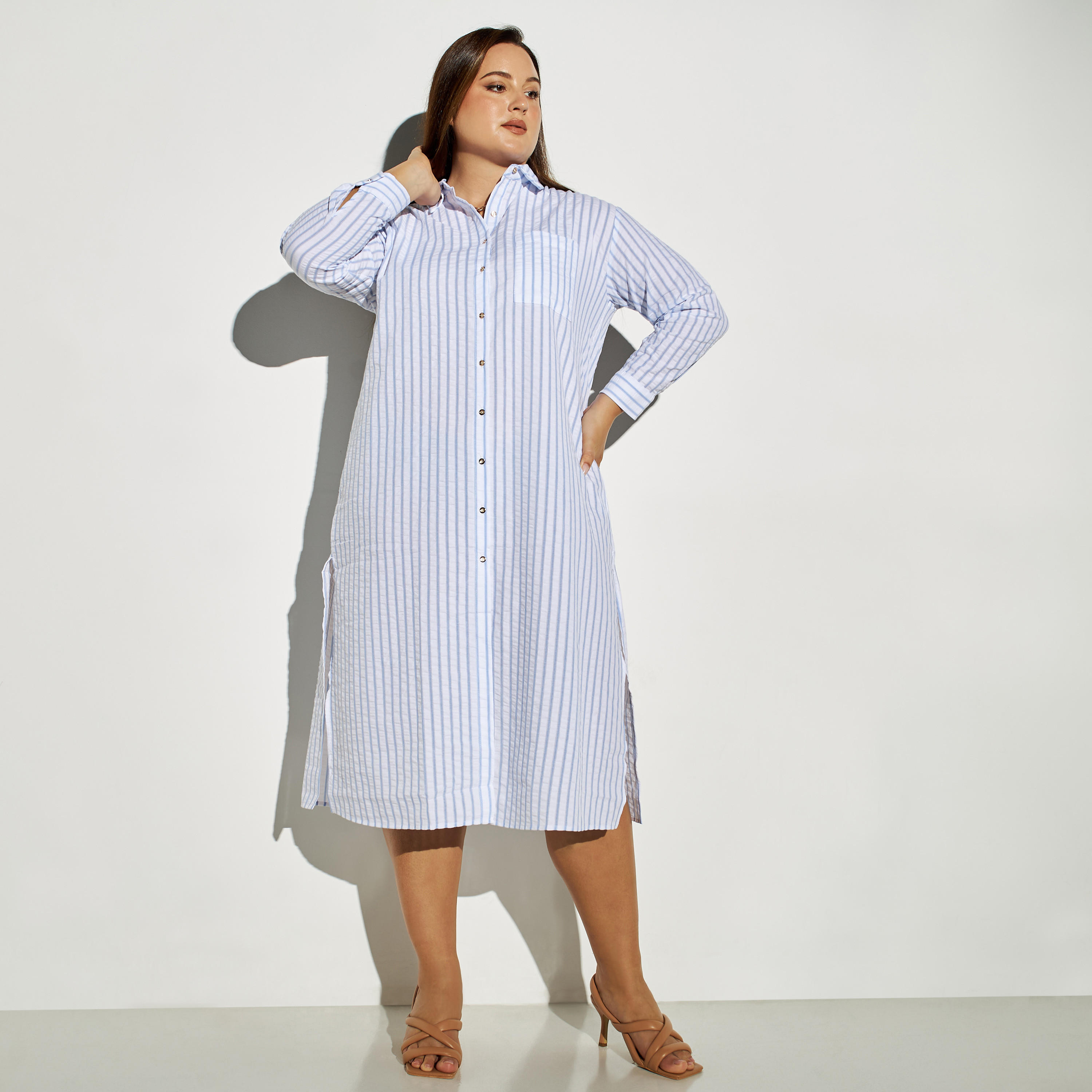 فستان قميص مقاس كبير مخطط بفتحات وجيب-women-clothing-dresses-image-2