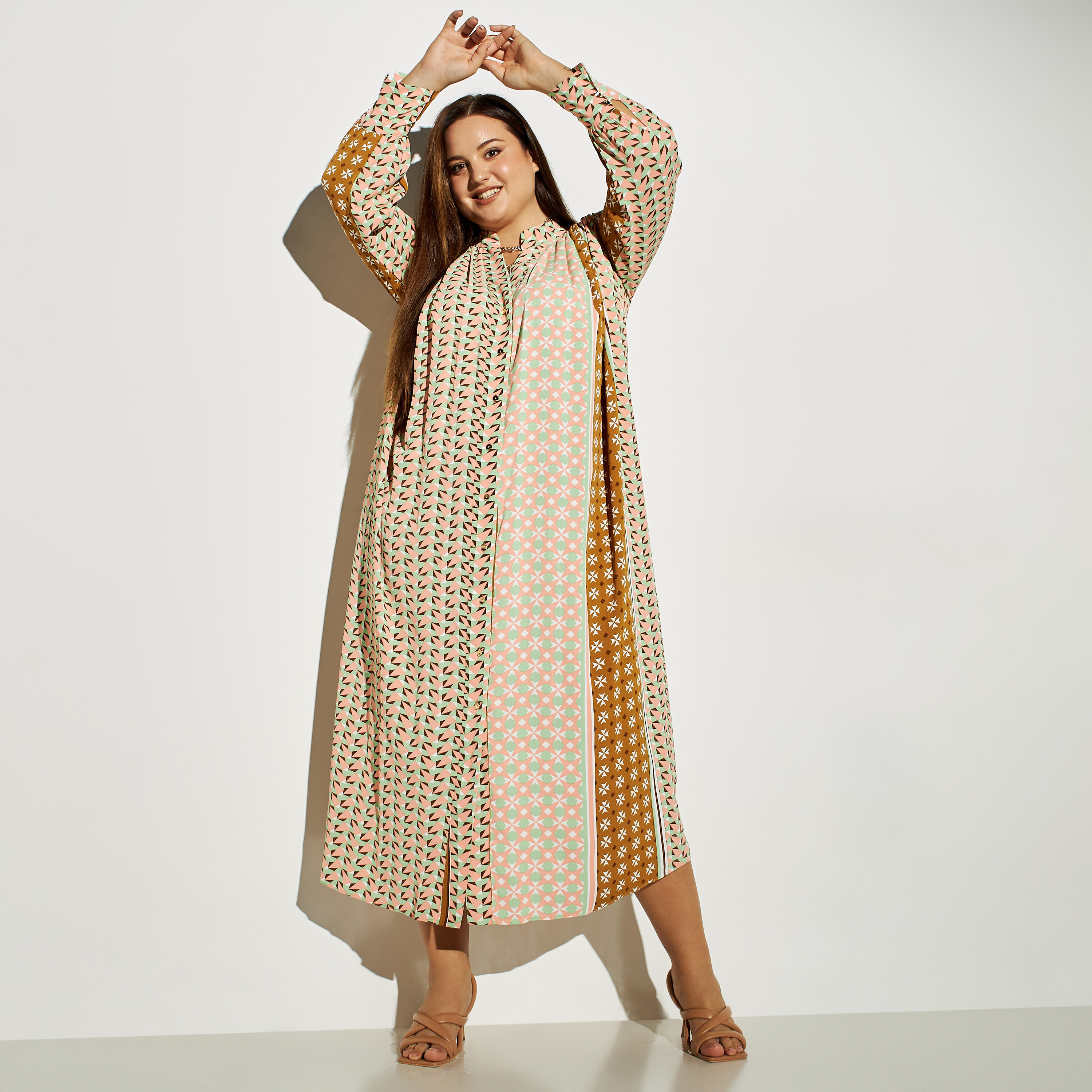 فستان قميص مقاس كبير بياقة ماندارين وطبعات-women-clothing-dresses-image-1